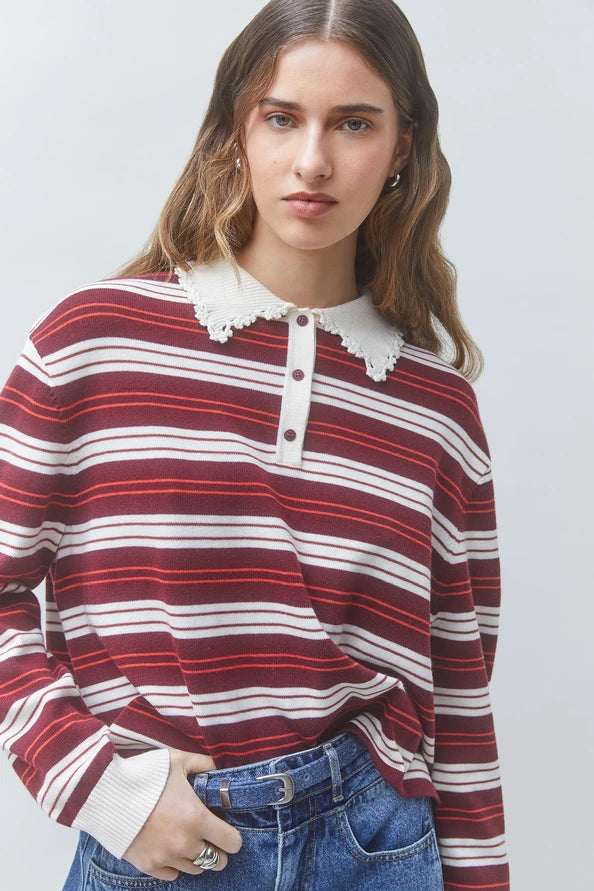 Sun1180 Burgundy Stripe Polo Sweater