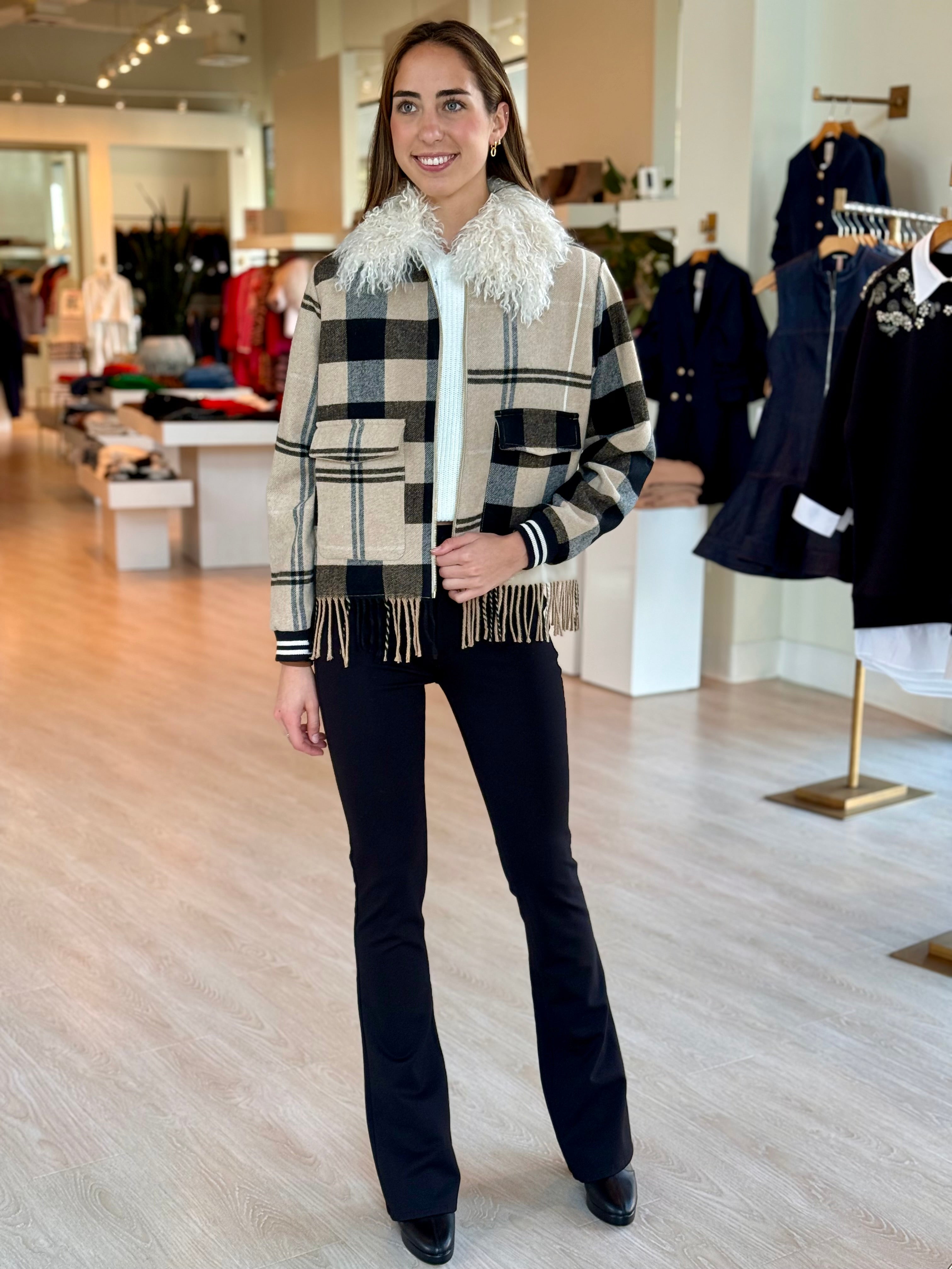 Vi32632 Plaid Fringe Jacket