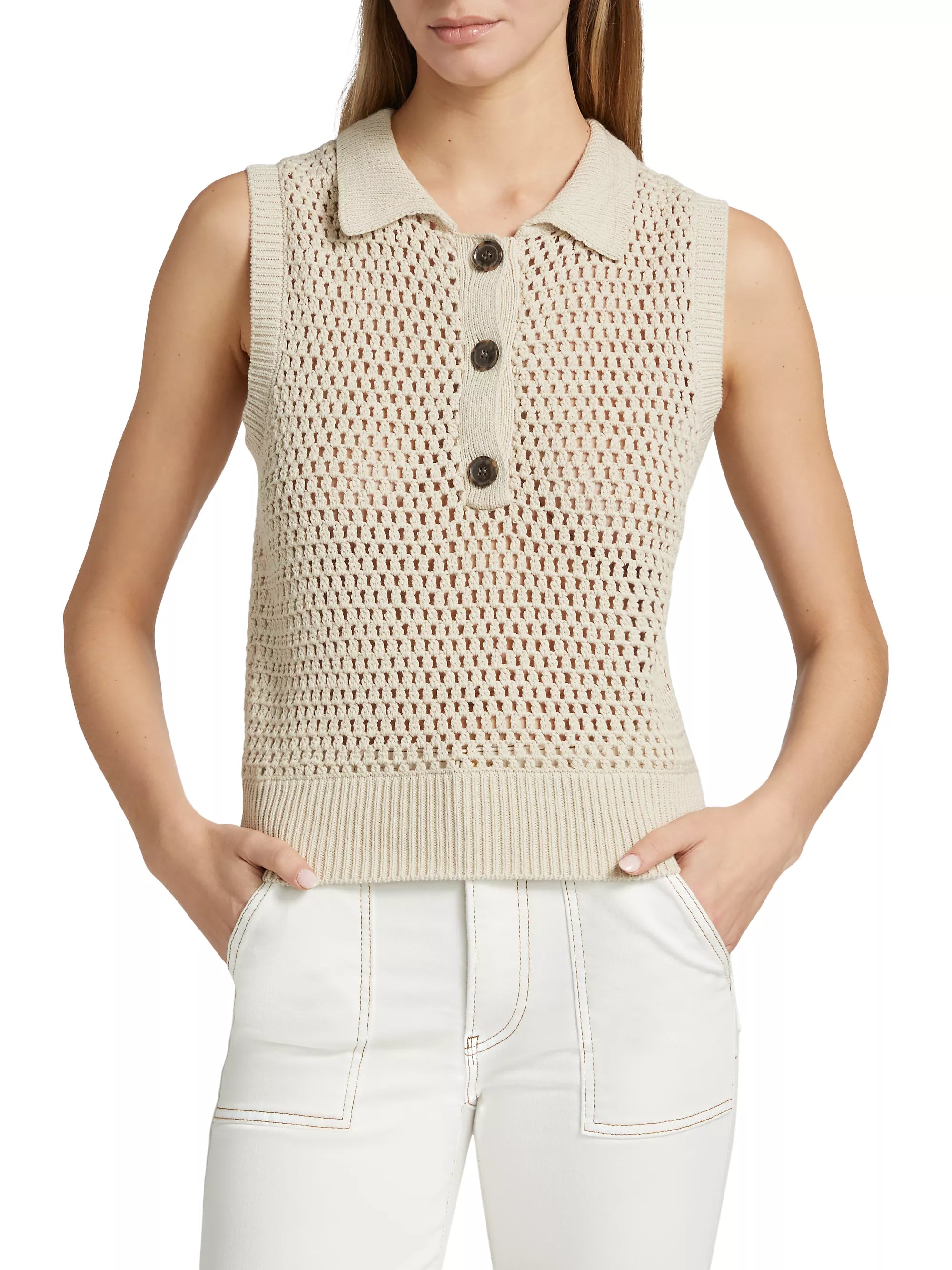 Fr032 Taupe Crochet Polo Vest