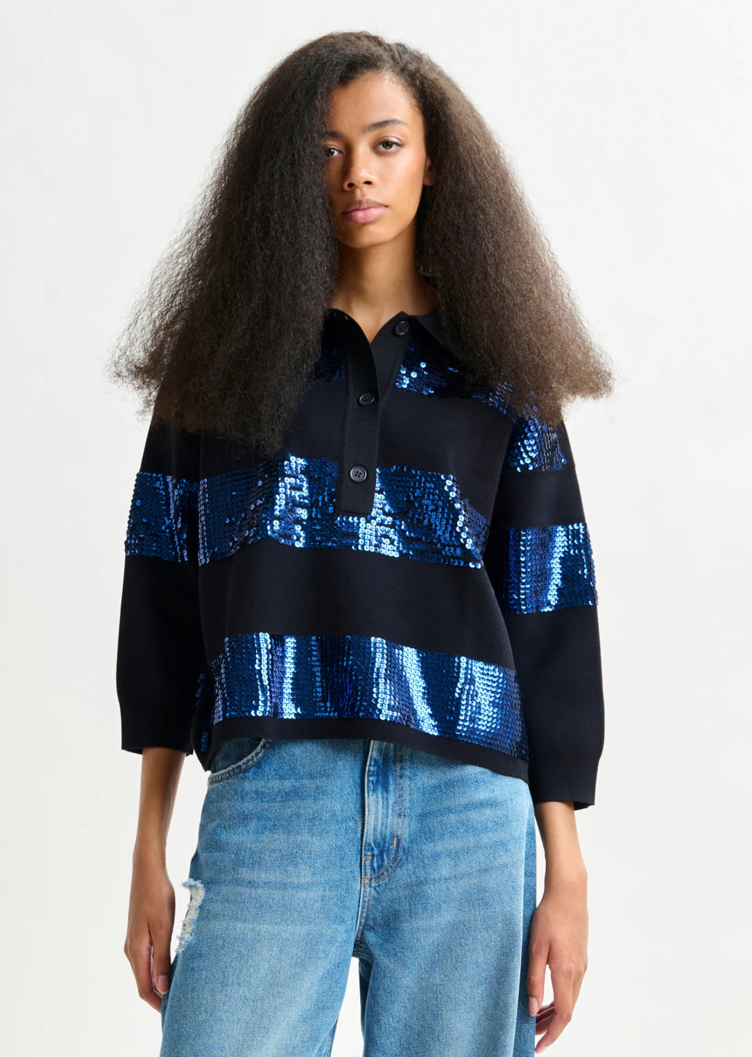 Esillume Blue Stripe Sequin Polo Top