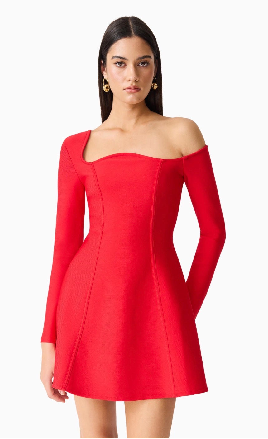 red asymmetrical mini dress Deep Plunge Asymmetric Mini Dress In Red Texture | EGO US