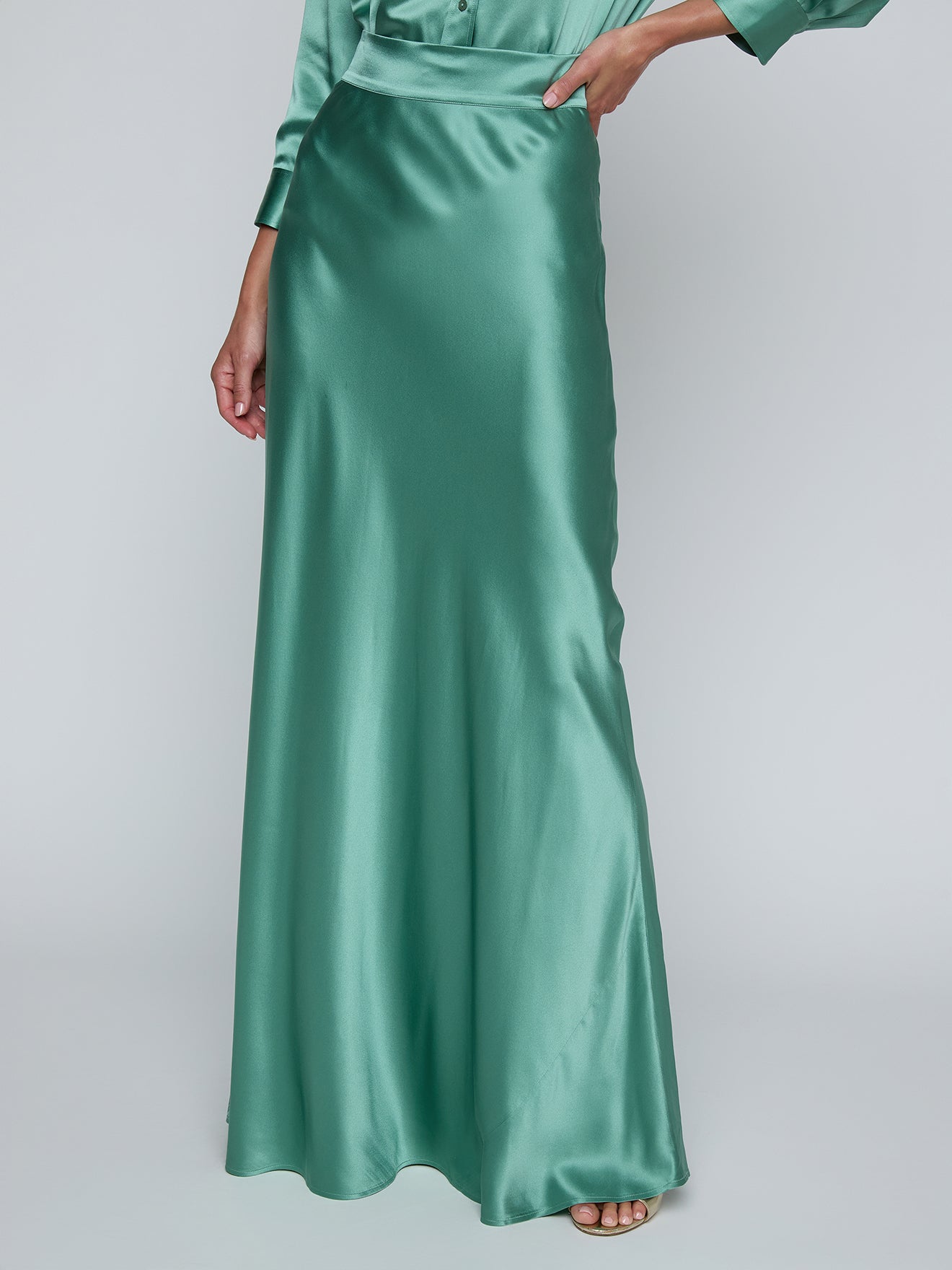 La3406 Mint Green Silk Maxi Skirt