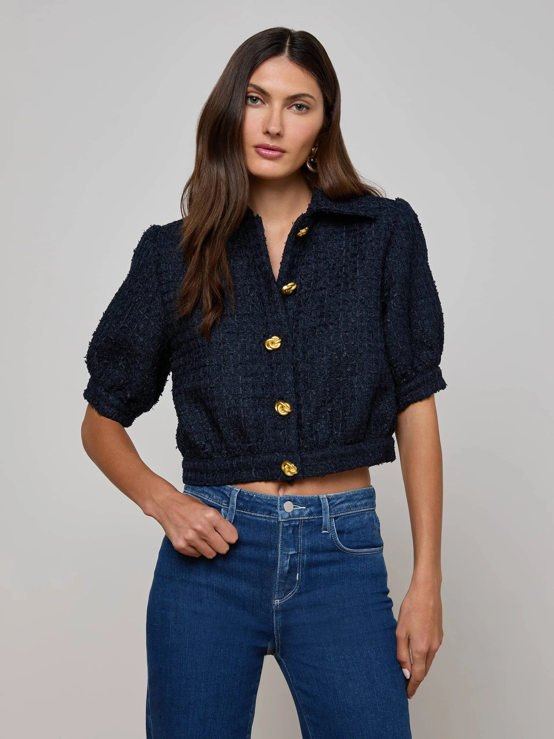 La1687 Navy Cropped Tweed Jacket