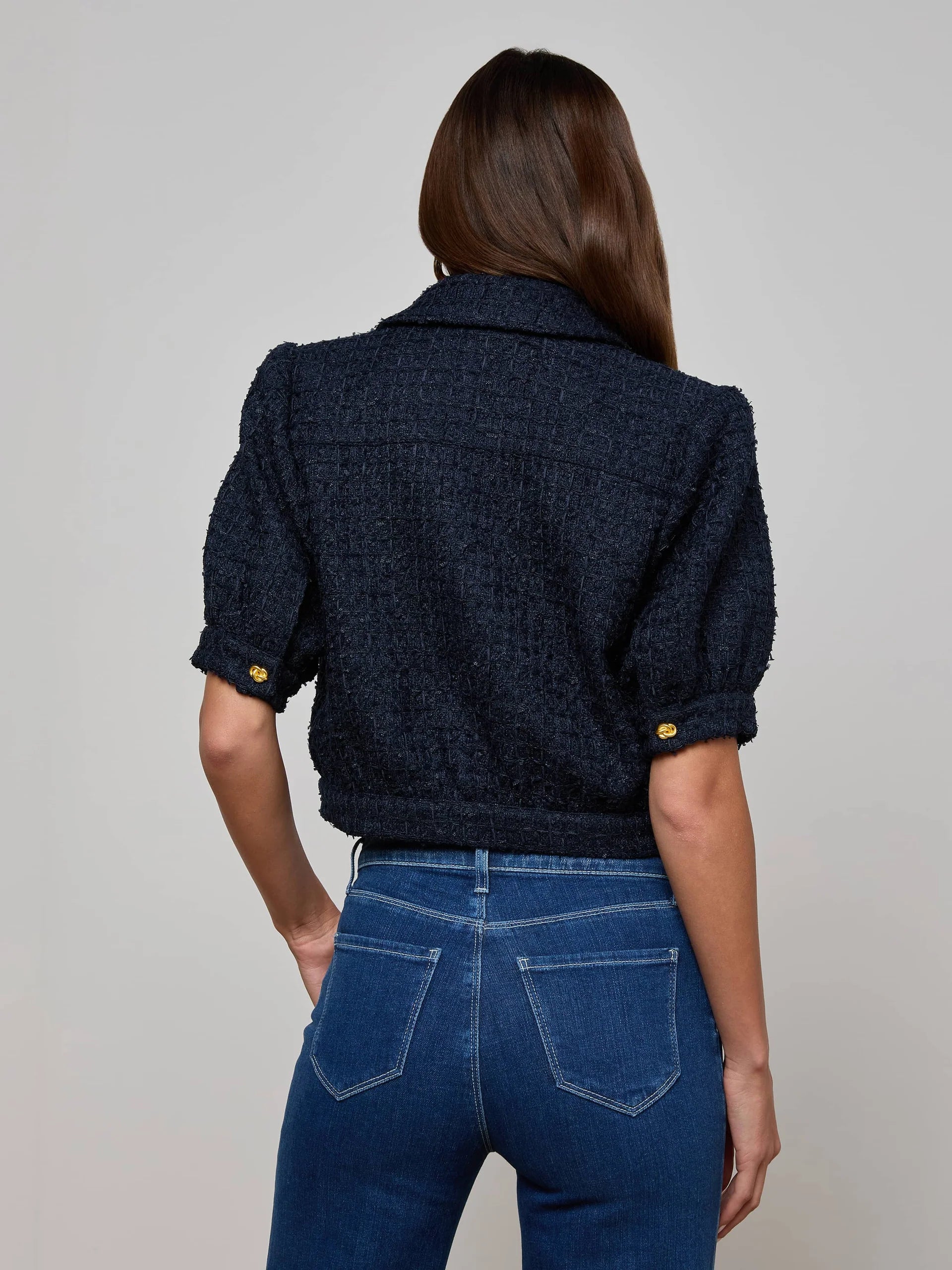 La1687 Navy Cropped Tweed Jacket