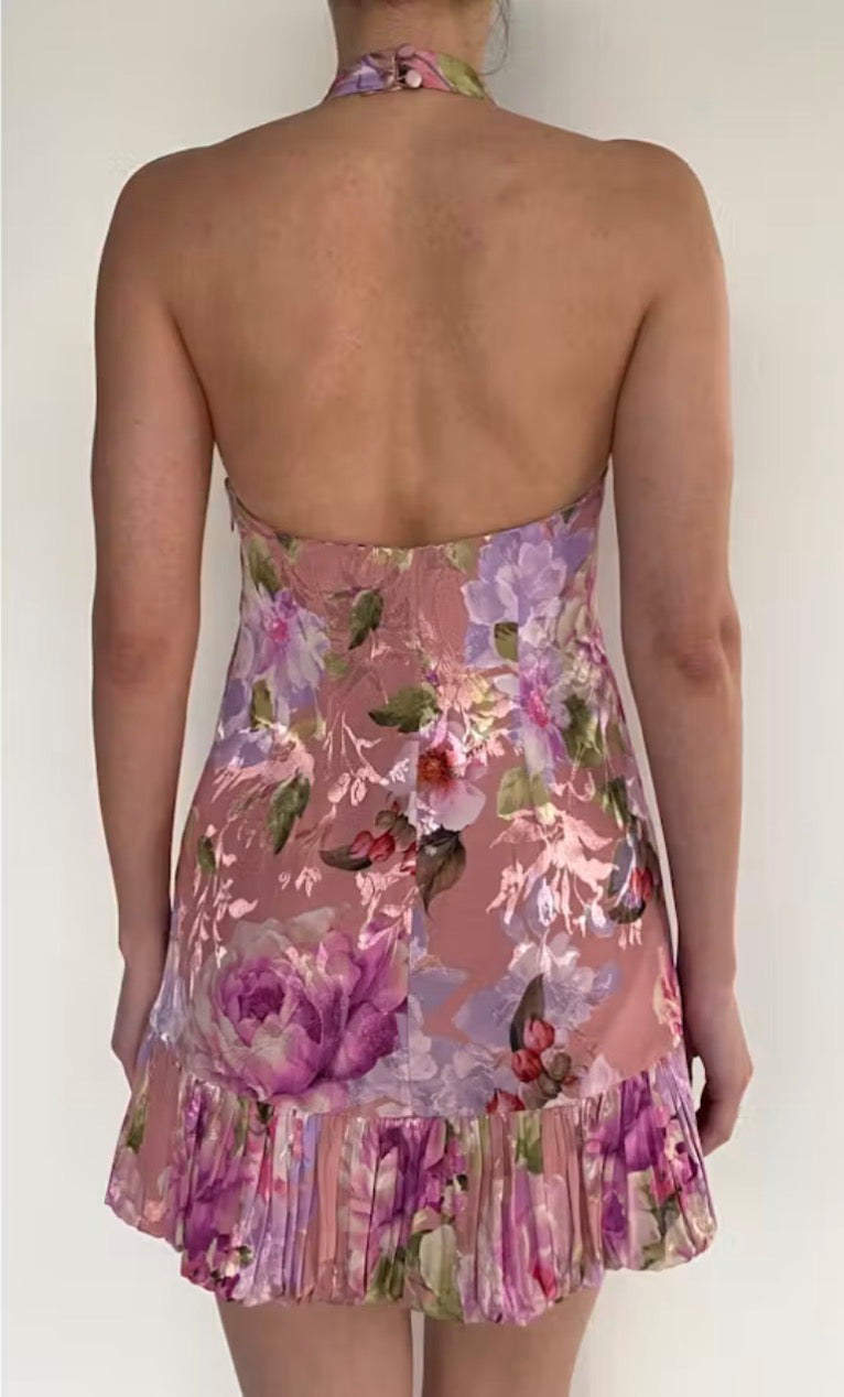 Herima Satin Jacquard Halter Dress