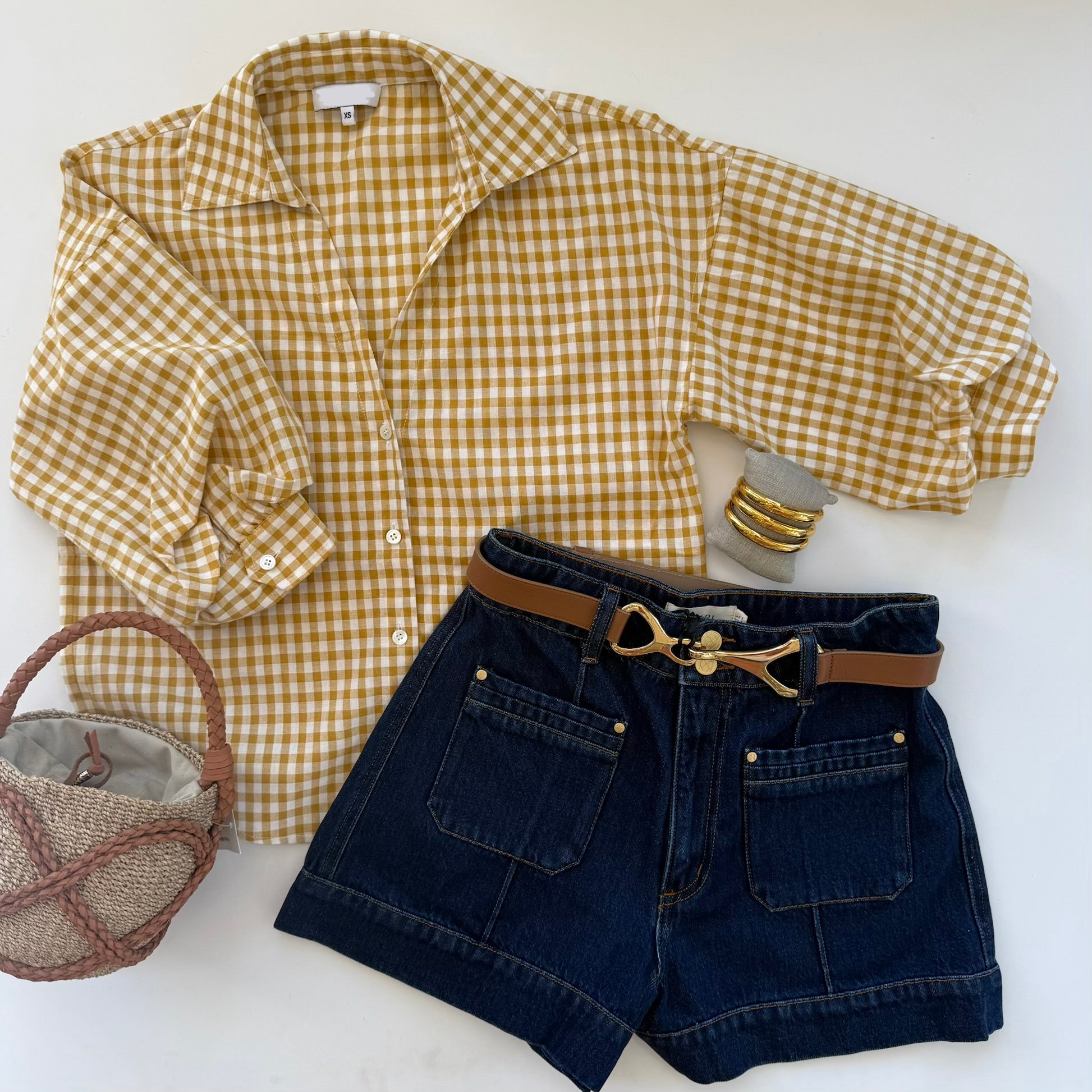 Js71035 Gingham Puff Sleeve Button Down