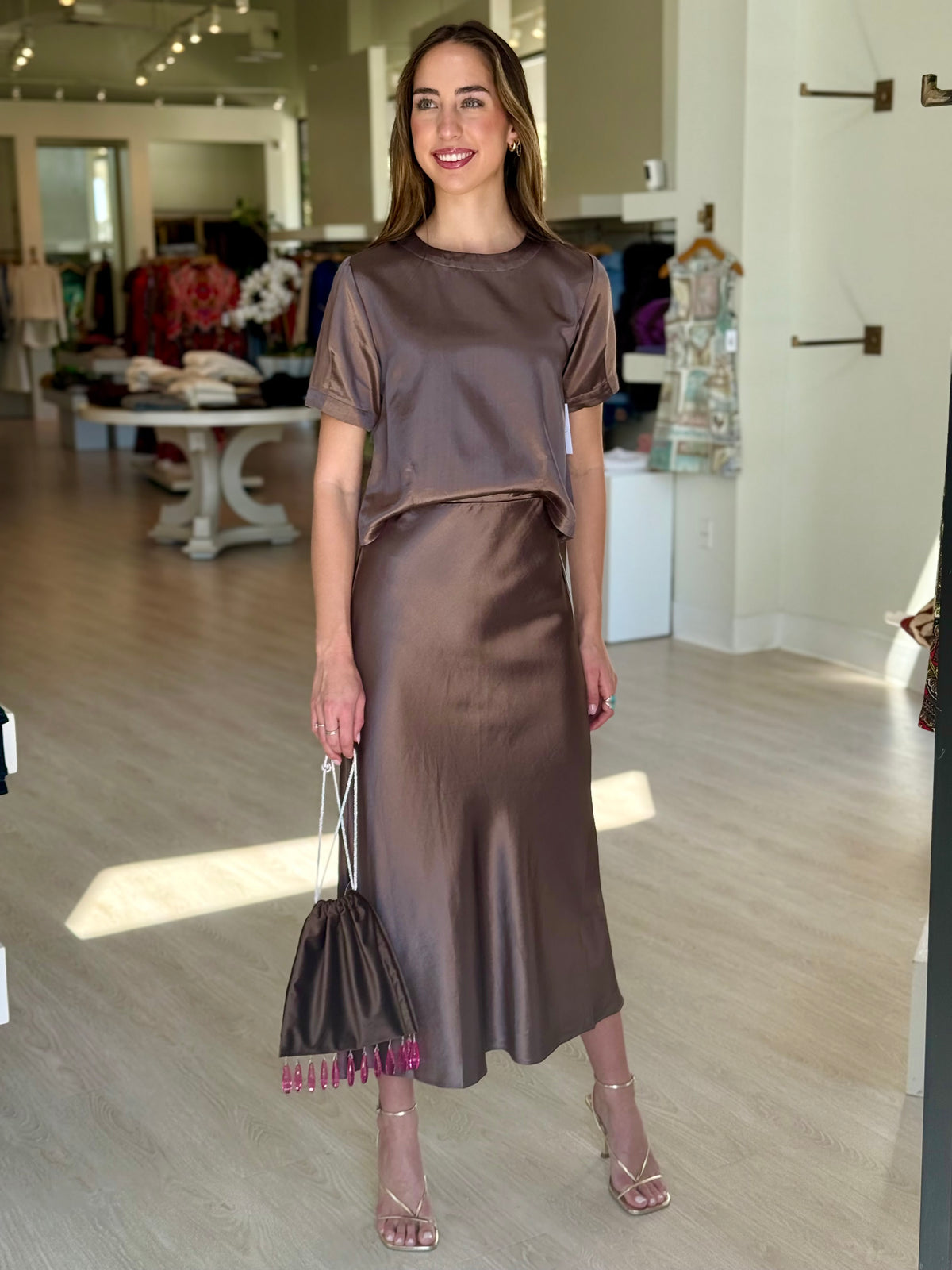 Lipa3572 Satin Bias Skirt - Mushroom