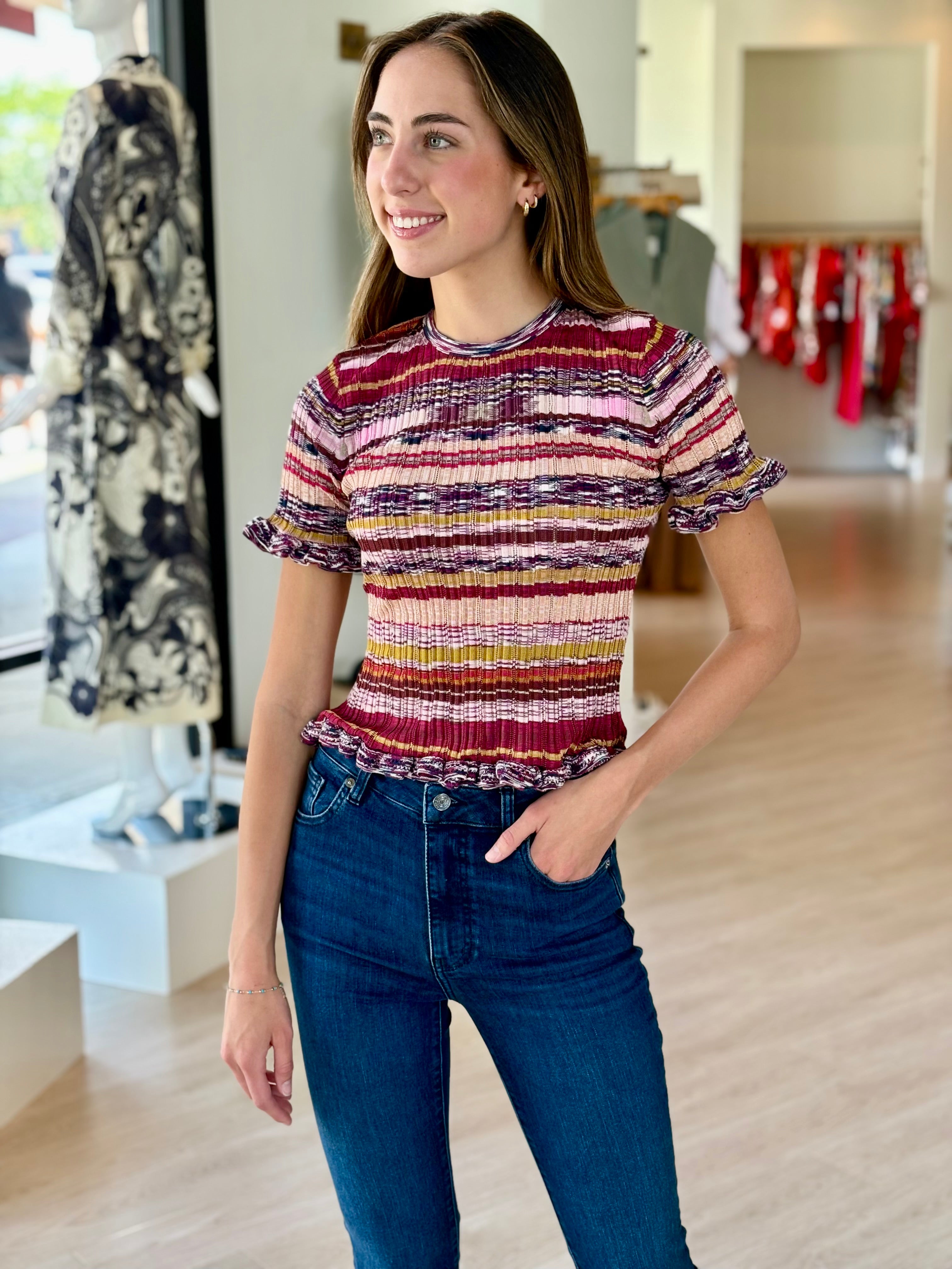 Ul0729 Purple Stripe Knit Top