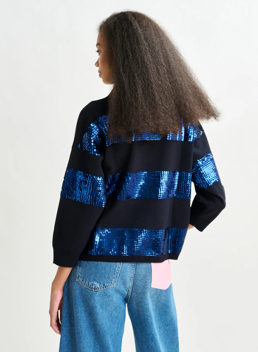 Esillume Blue Stripe Sequin Polo Top