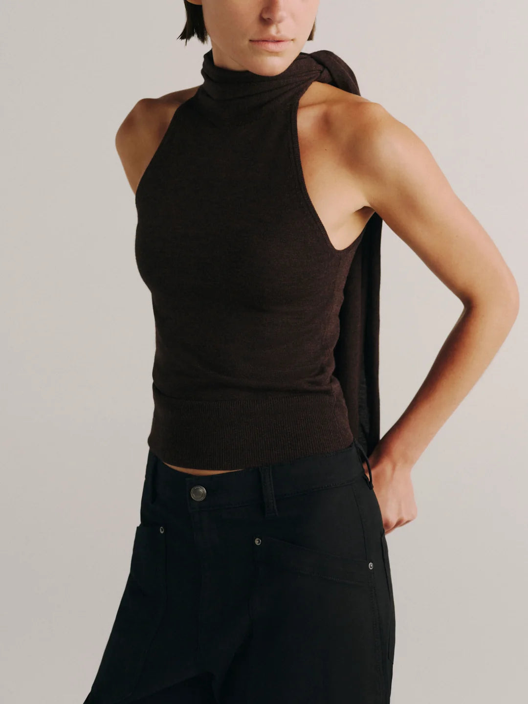 Dl90079 Brown Tie Neck Top