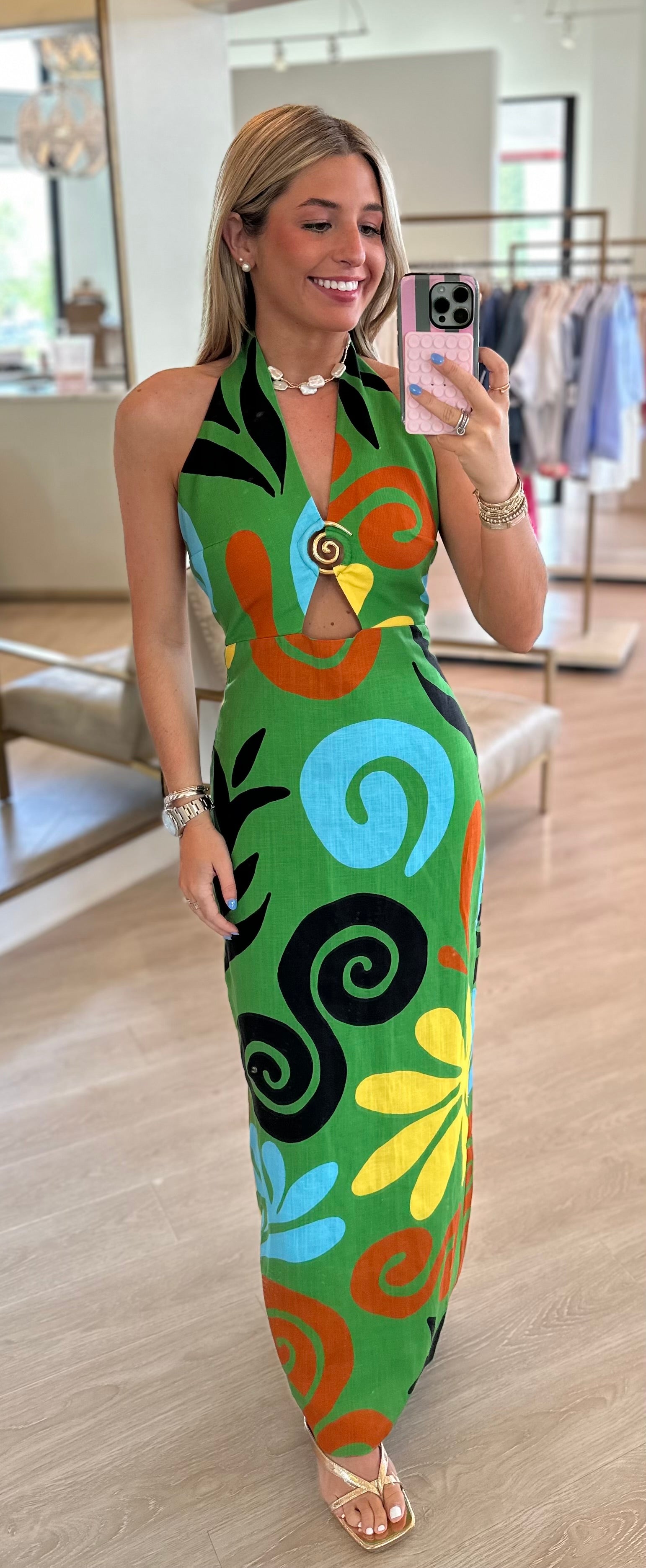 Ca434 Green Multi Halter Dress