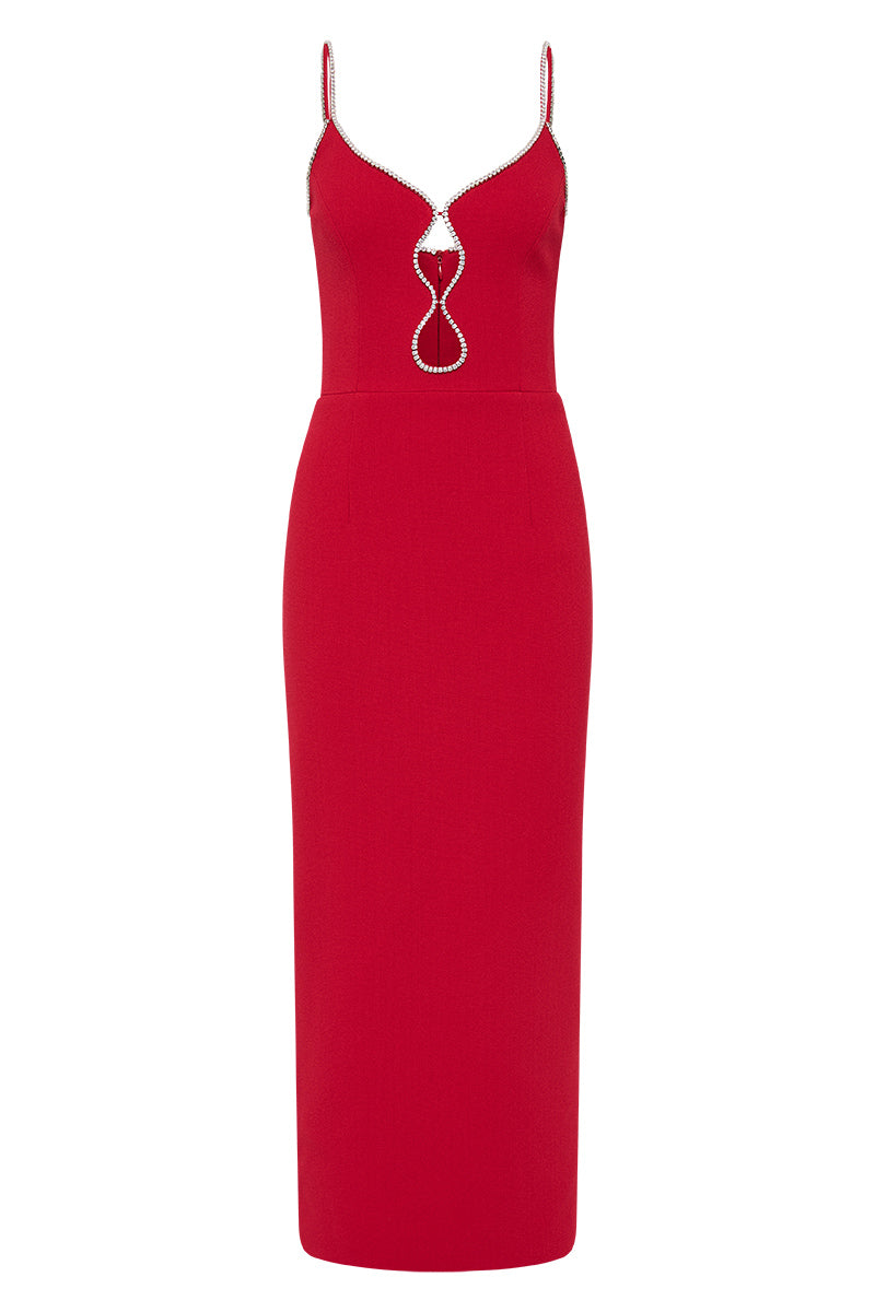 Re1682 Red Emebllished Midi Dress