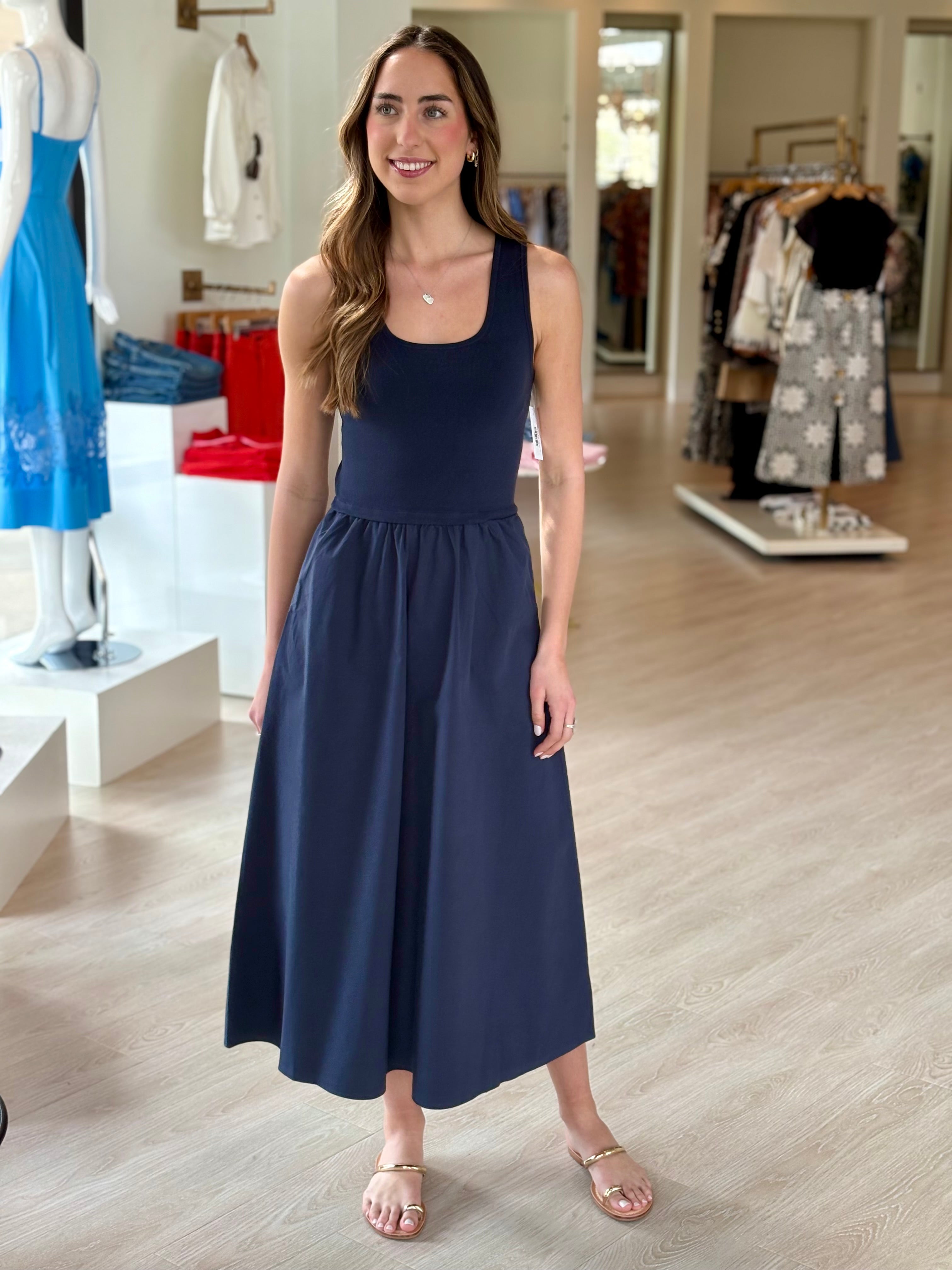 Lipa3292 Navy Mixed Media Midi Dress