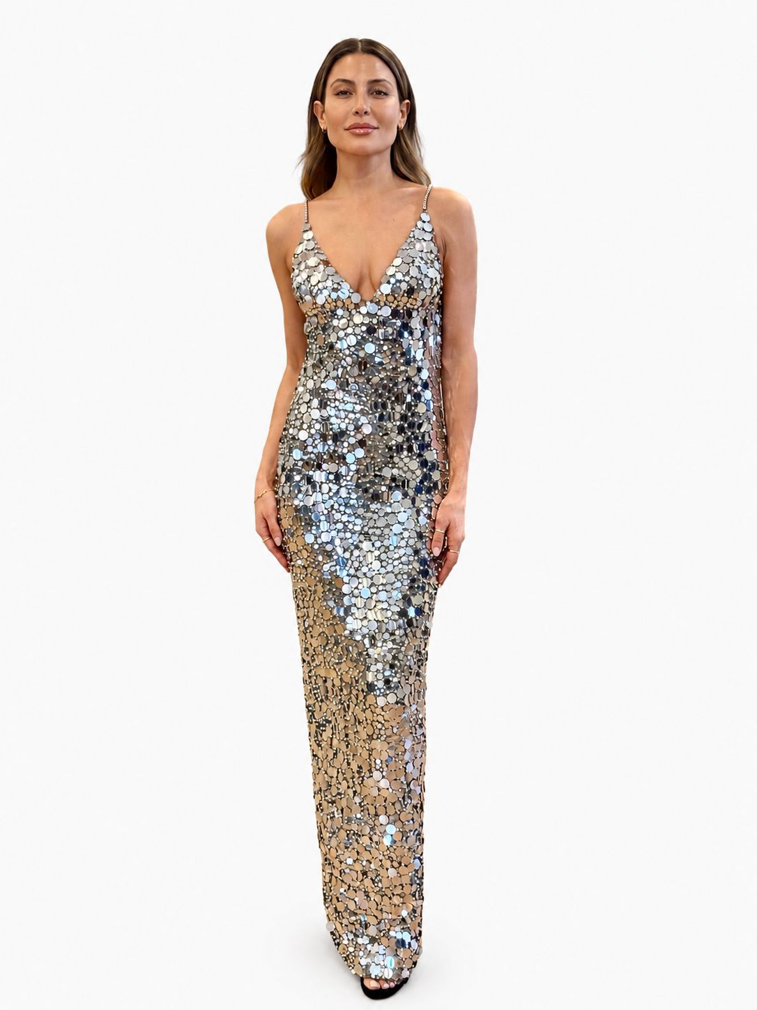 La61833 Silver Deep V Sequin Gown