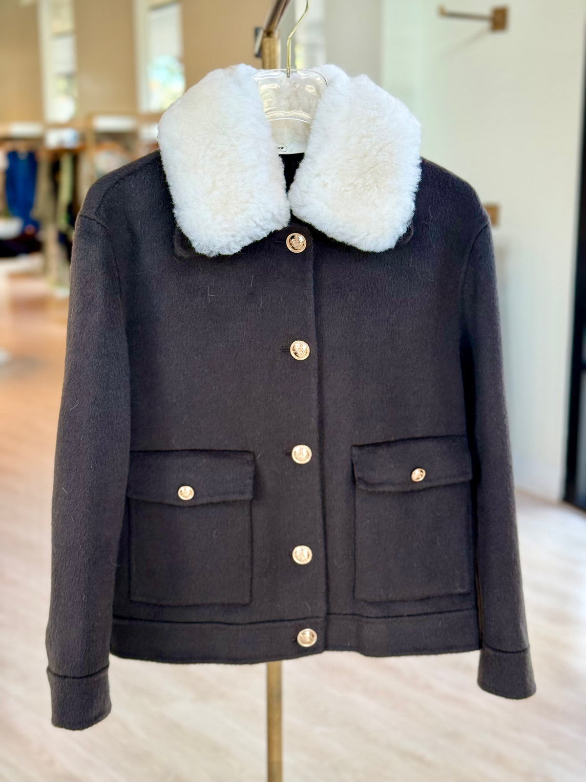 Pl6308 Fur Collar Bomber Jacket - Espresso