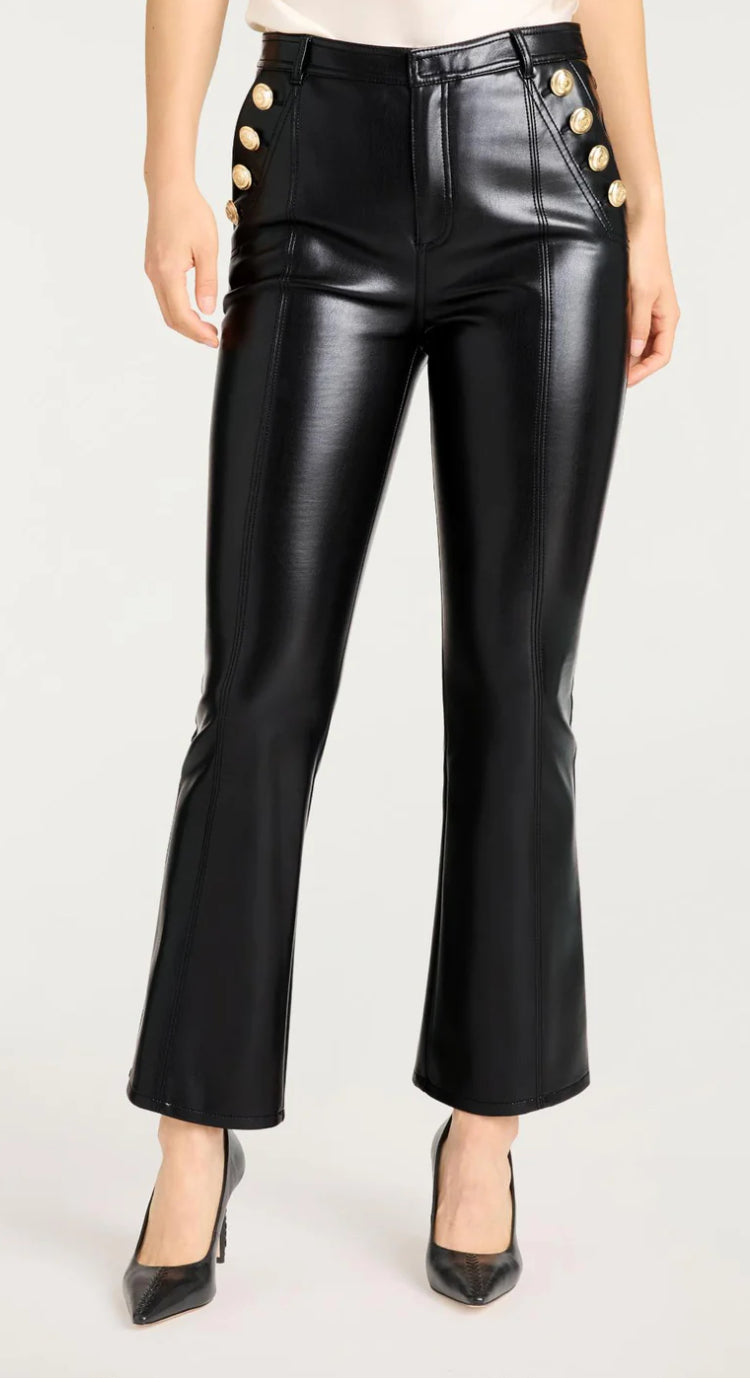 Cizp119658 Vegan Leather Cropped Button Pant - Black