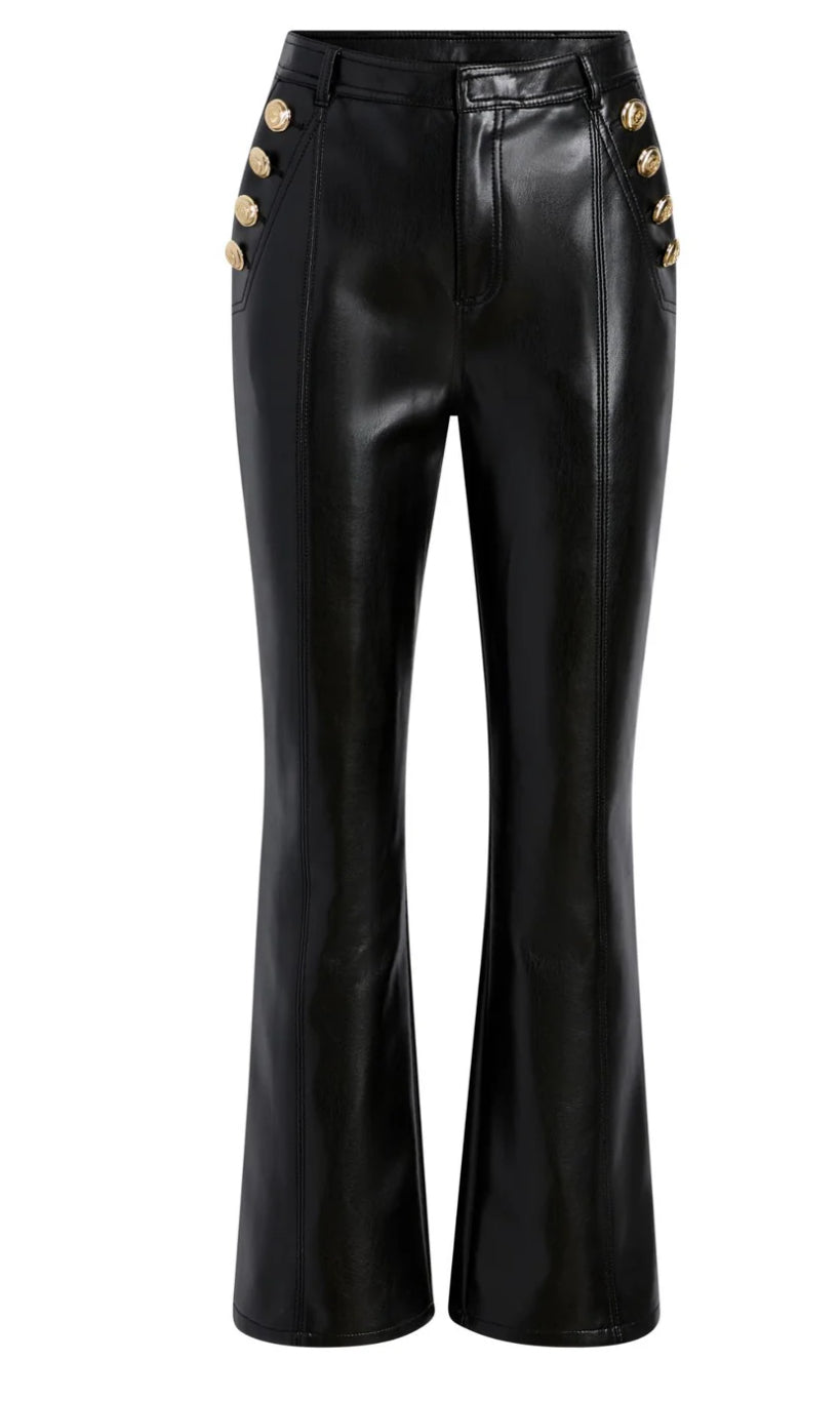 Cizp119658 Vegan Leather Cropped Button Pant - Black