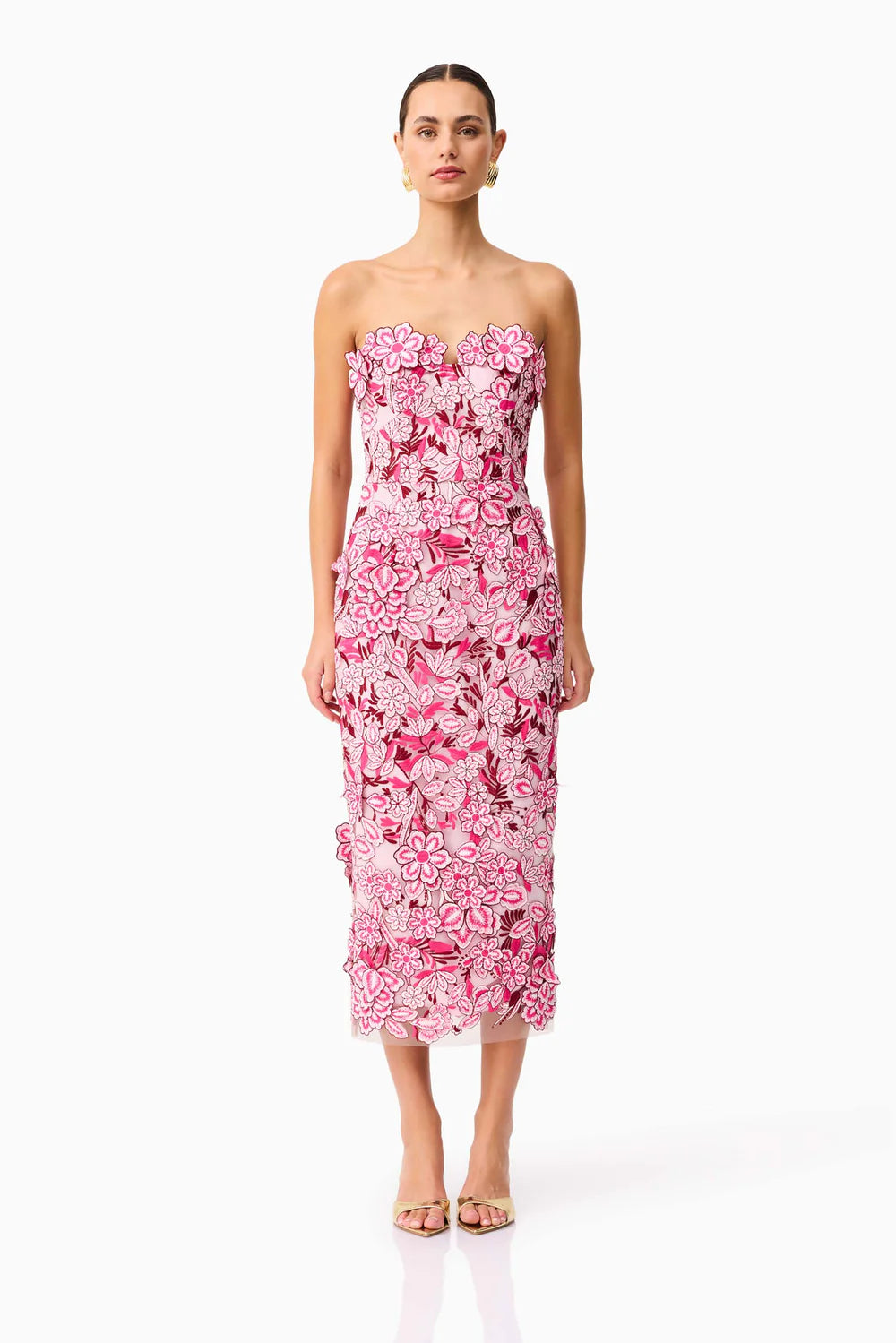El42507 Rosette Strapless Midi Dress