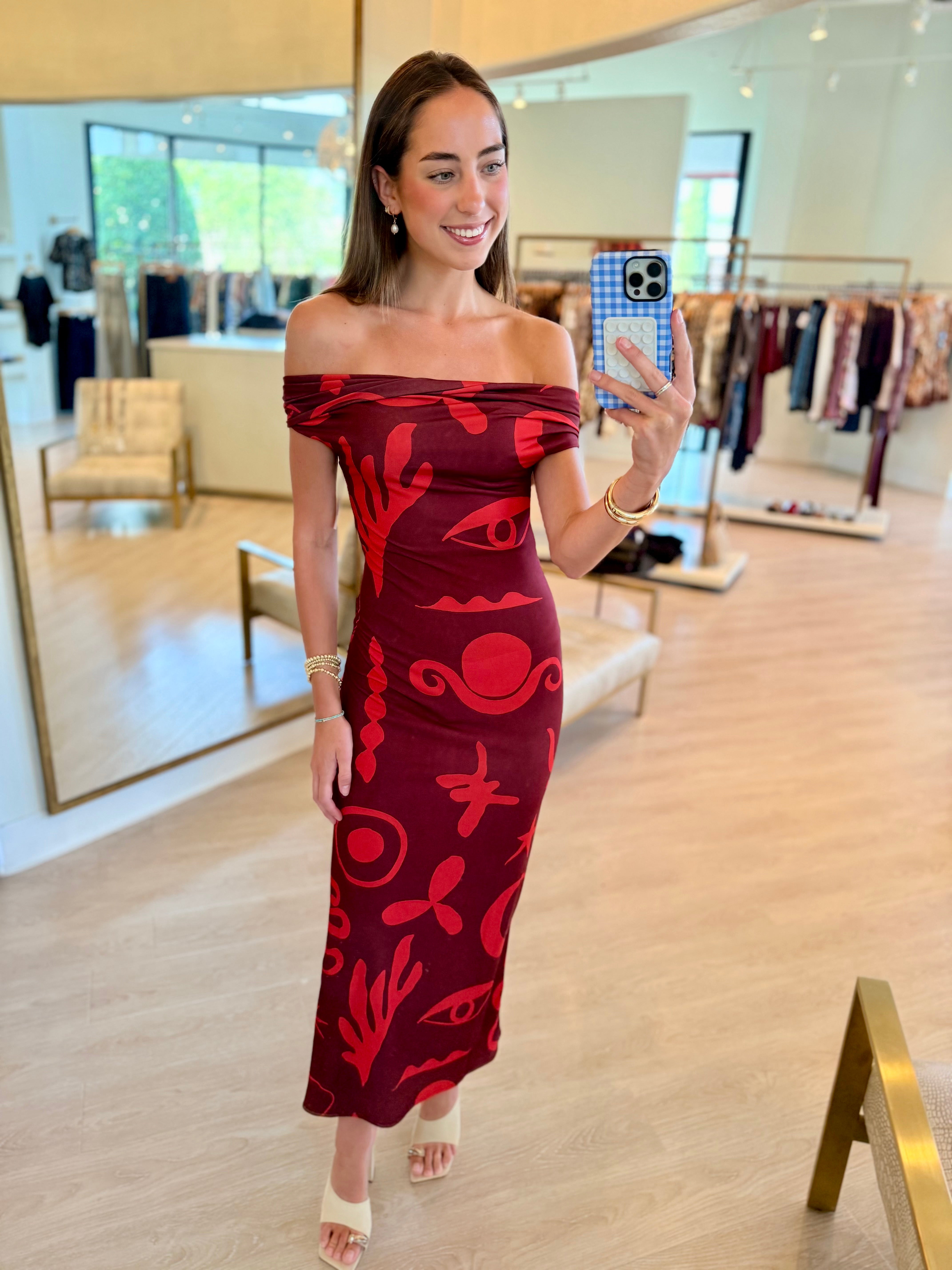 Cae584 Red Off Shoulder Jersey Maxi Dress