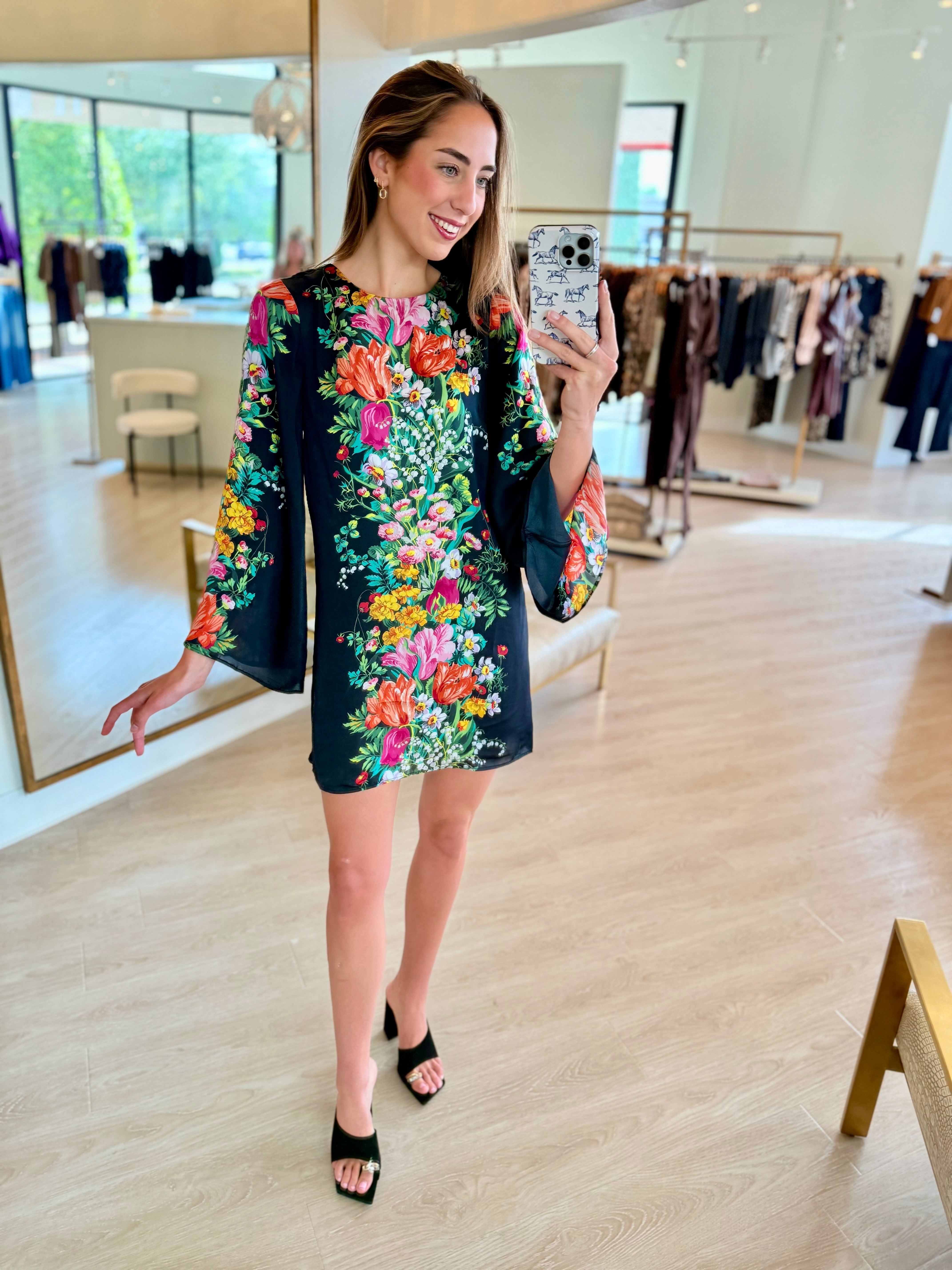 El1110 Black Floral Shift Dress