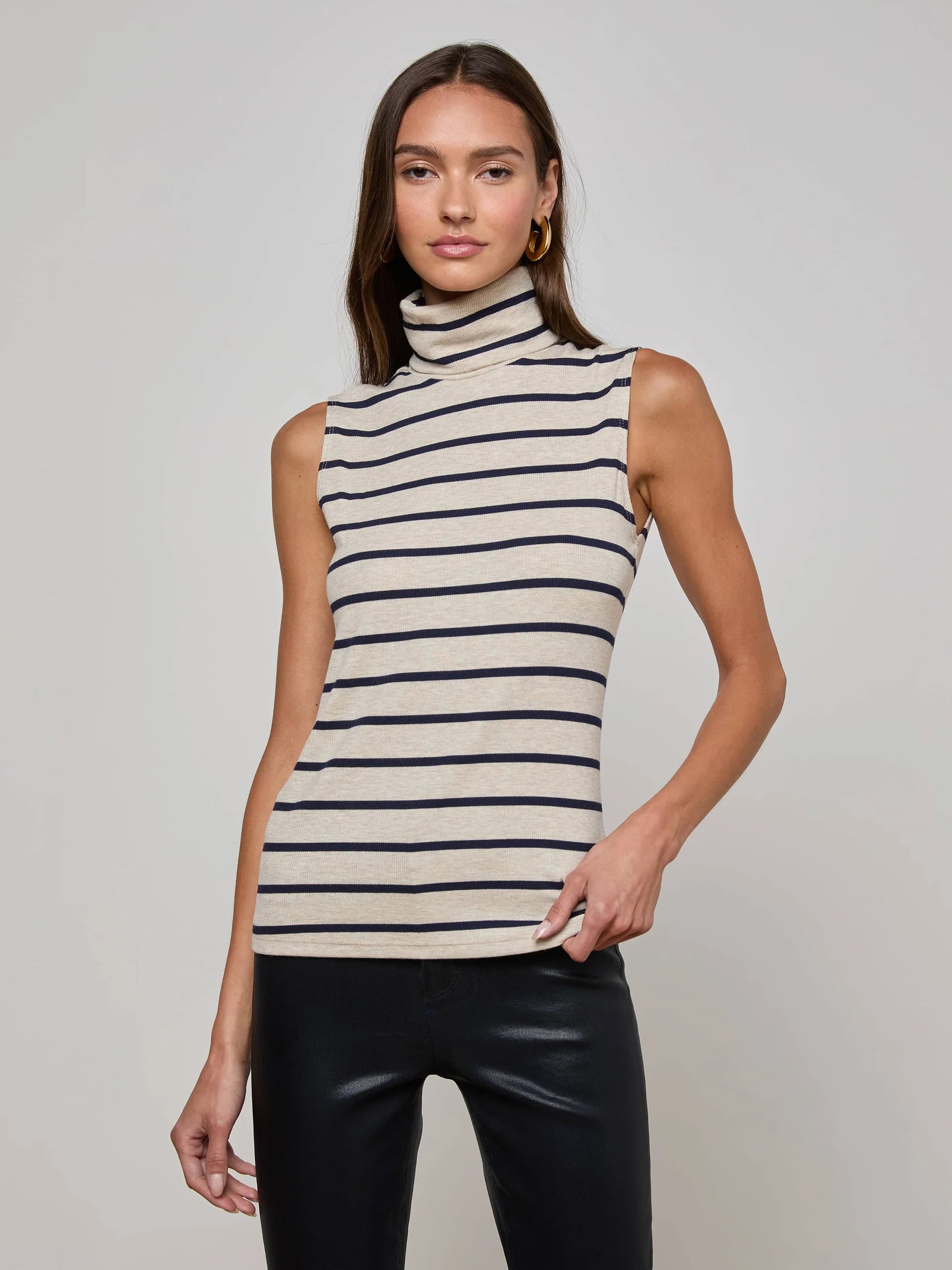 La5561 Navy Stripe Sleeveless Turtleneck