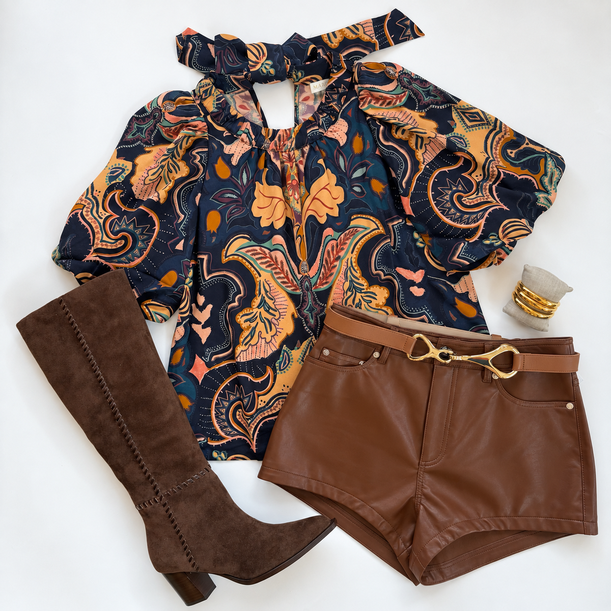 Ma143b Paisley Print Puff Sleeve Top