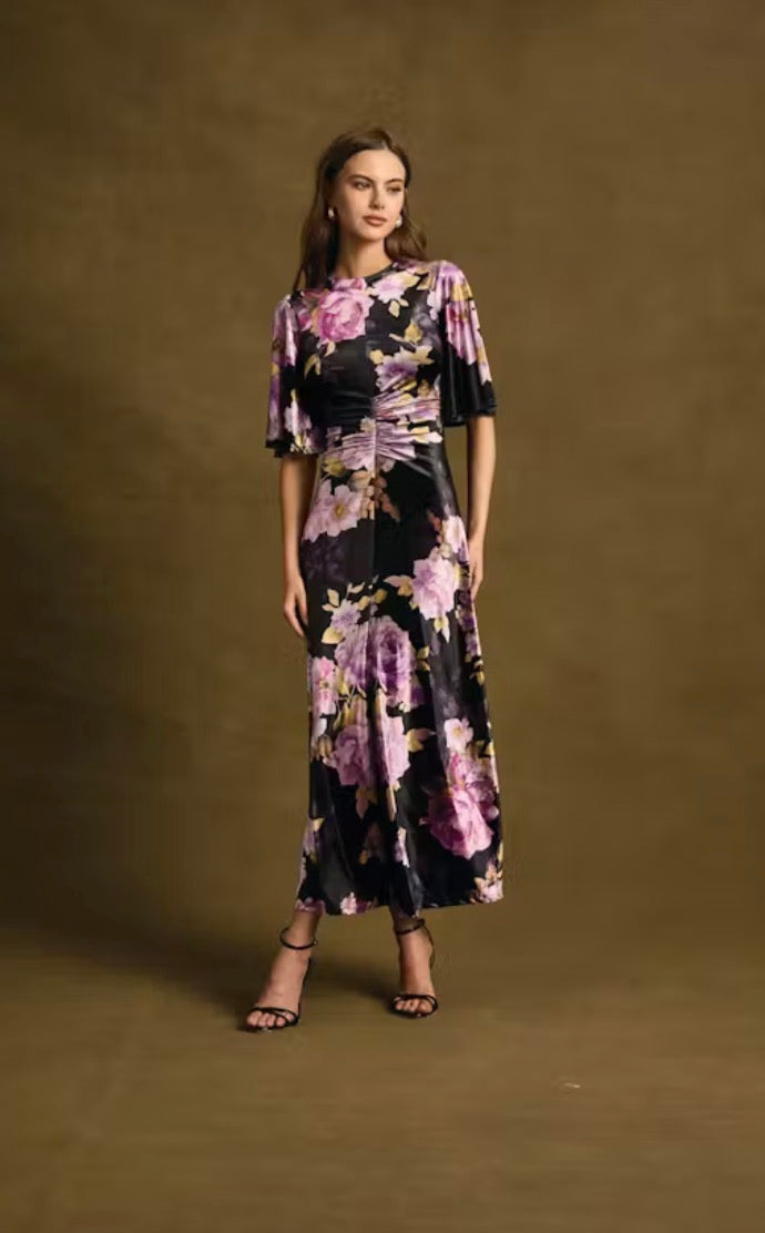 He6227 Floral Velvet Ruched Dress