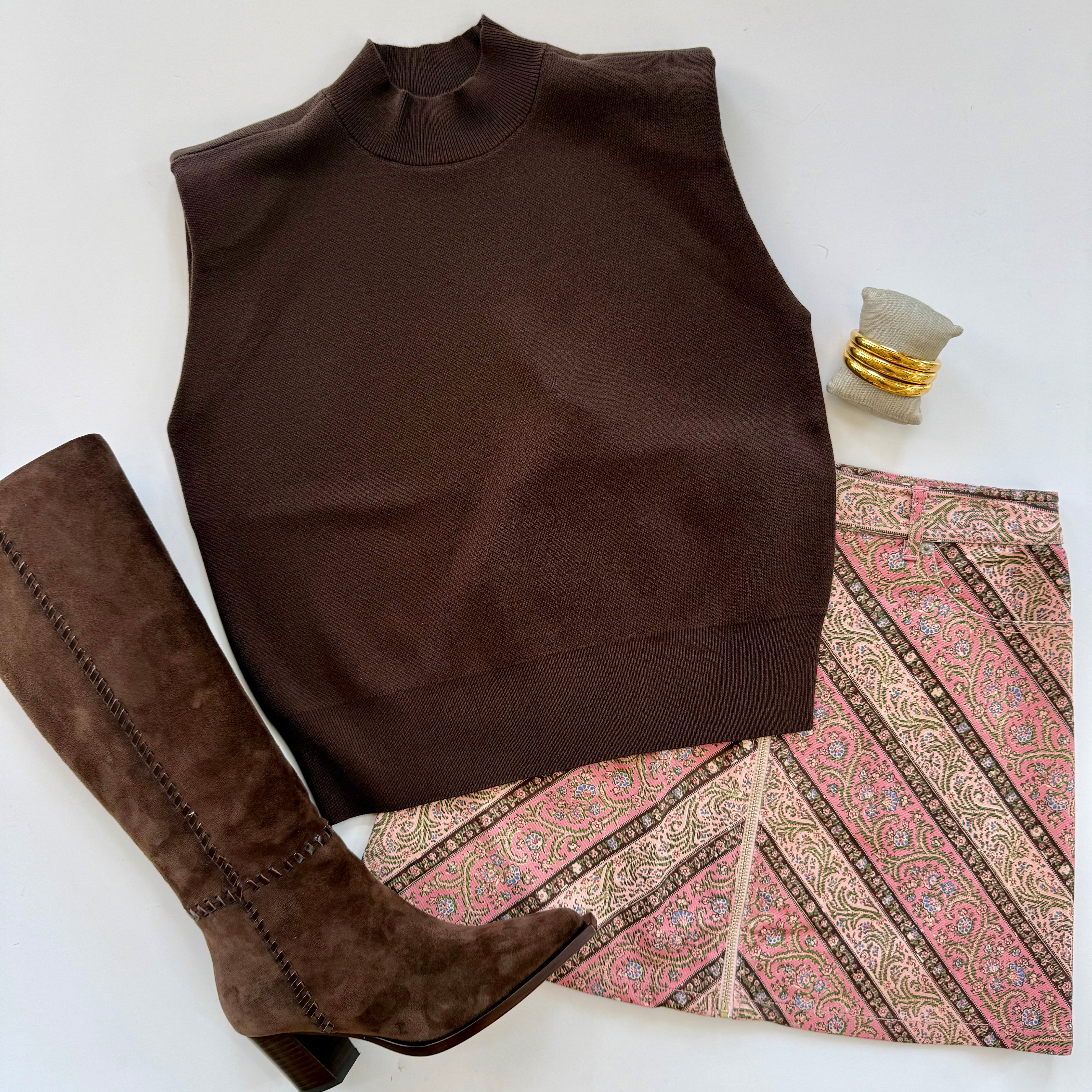 Fa3553 Brown Mock Neck Knit Top