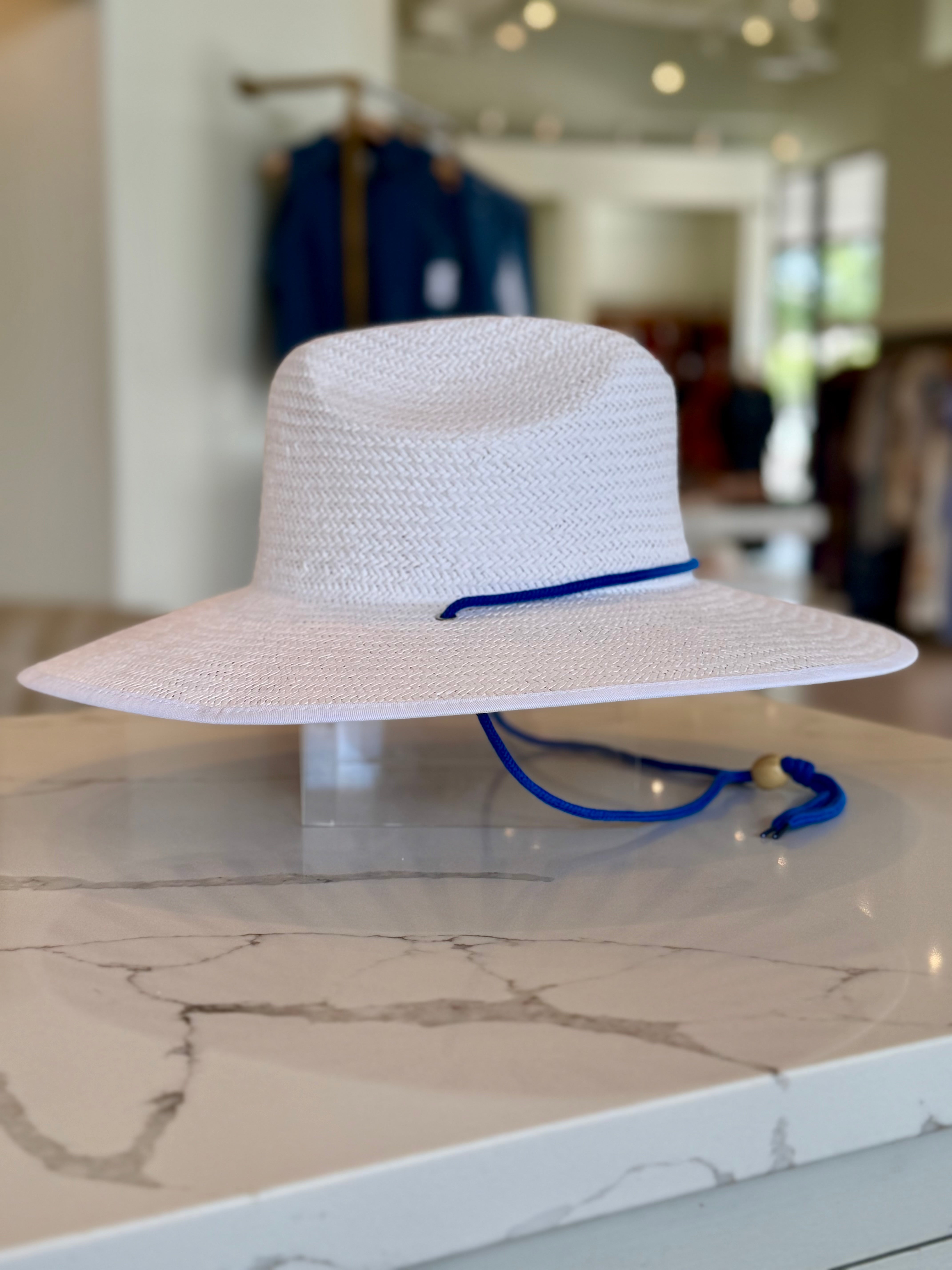 White Summer Hat - Blue Stripe