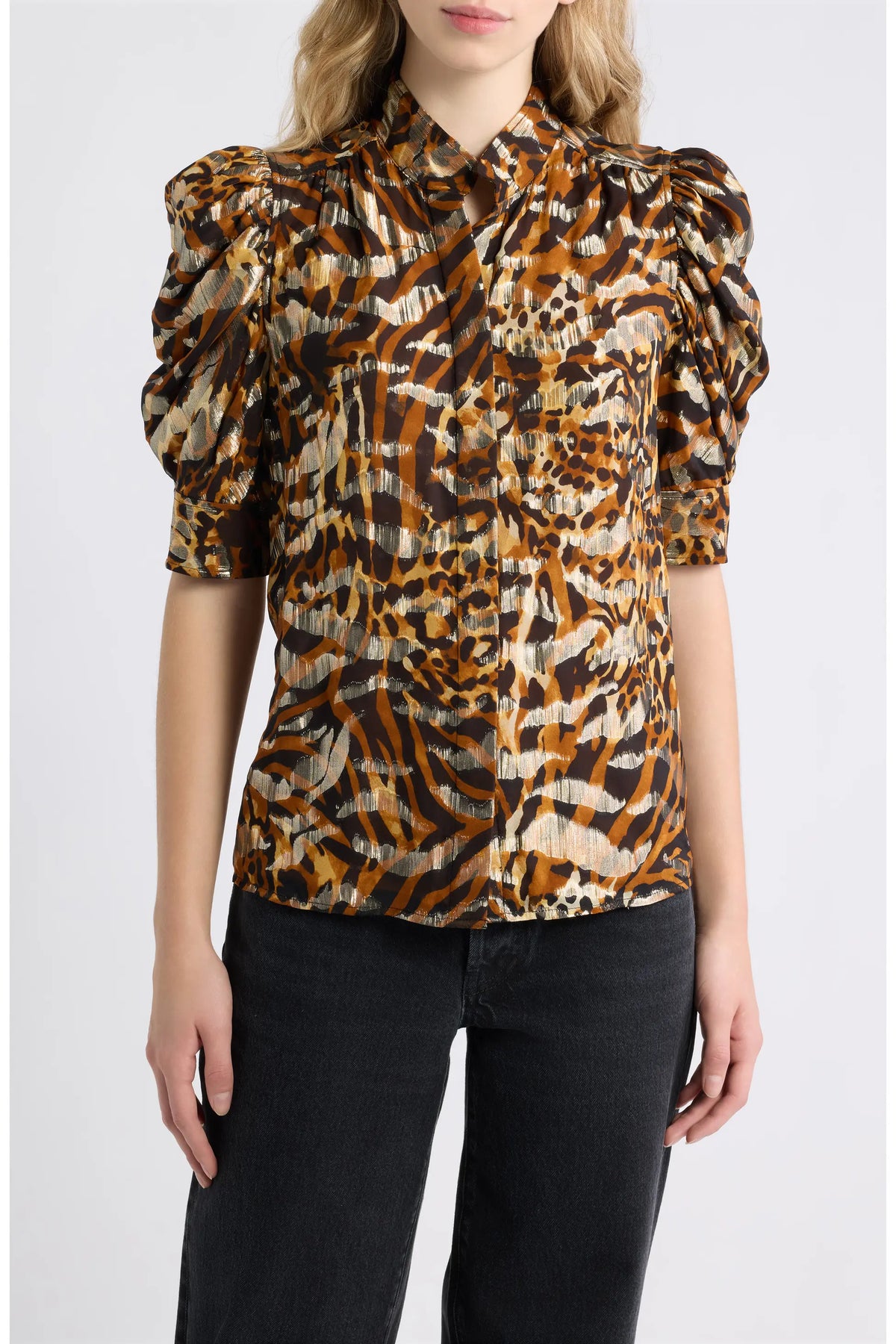 Frbl041 Metallic Puff Sleeve Blouse