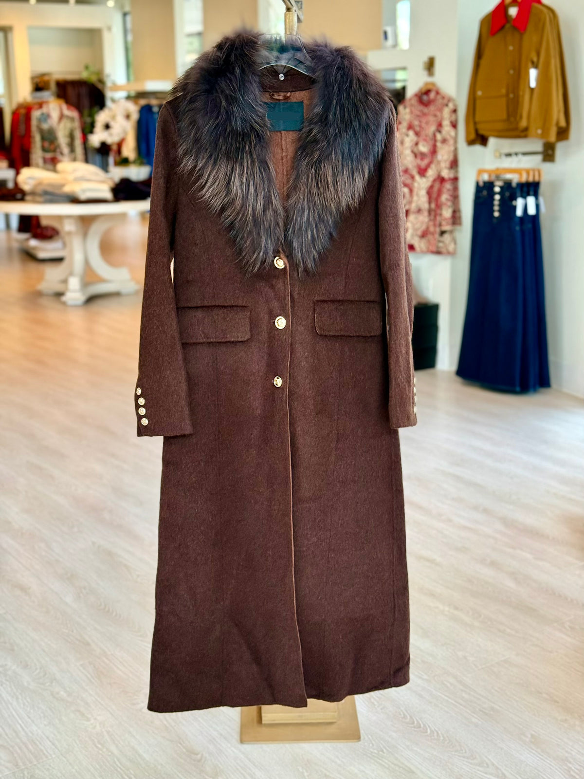 Pl6311 Fur Collar Long Coat - Chocolate Brown