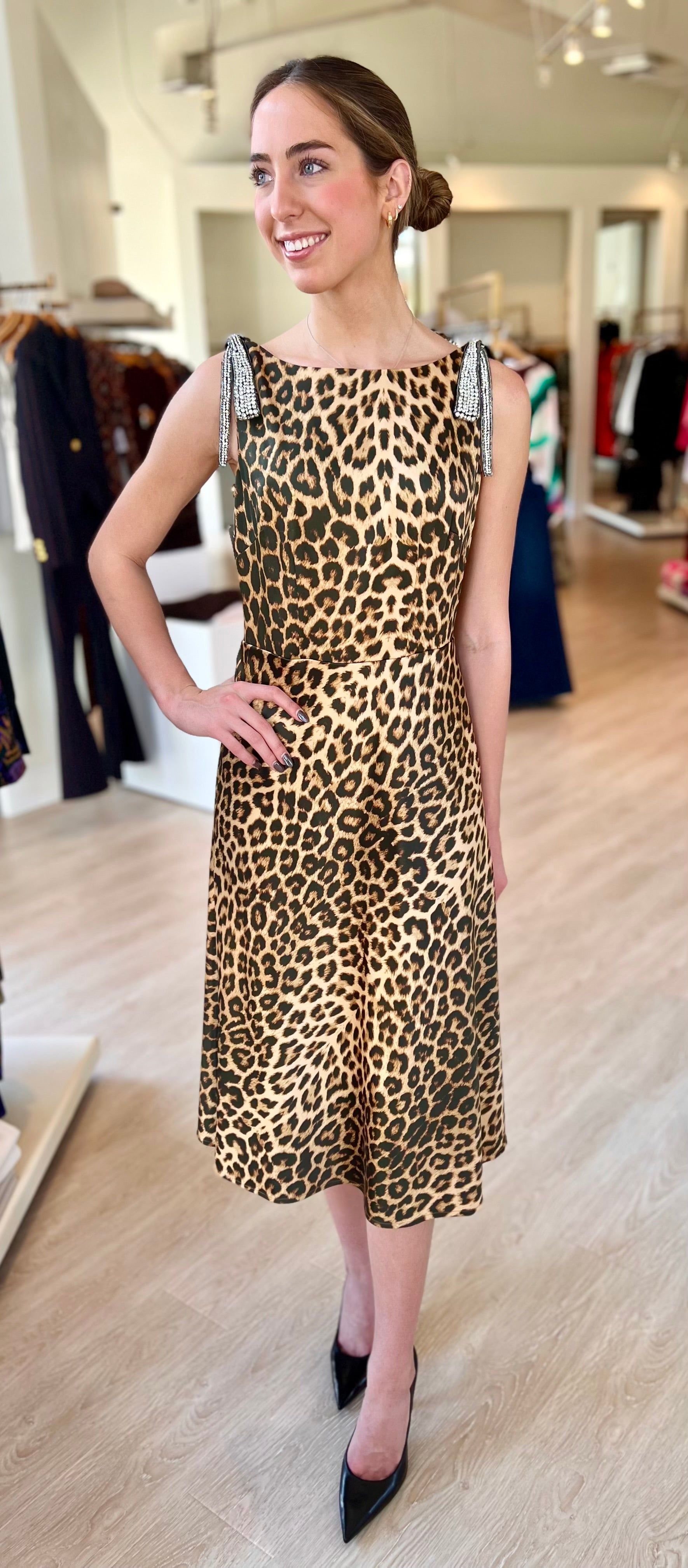 Em0150 Emily Shalant Animal Print Midi Dress