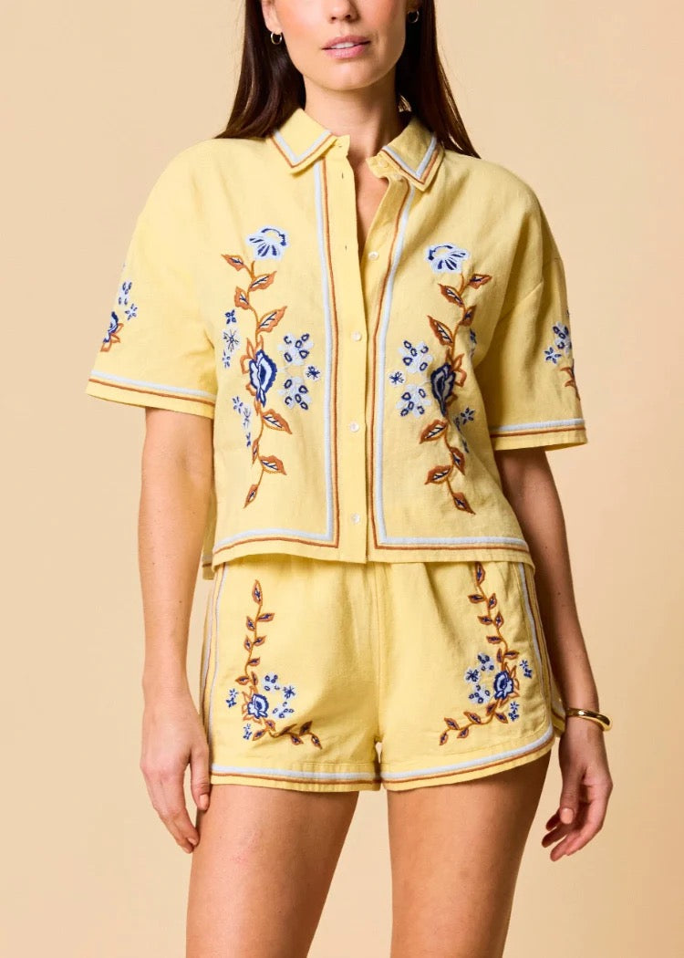 Cl10448 Yellow Embroidered Short