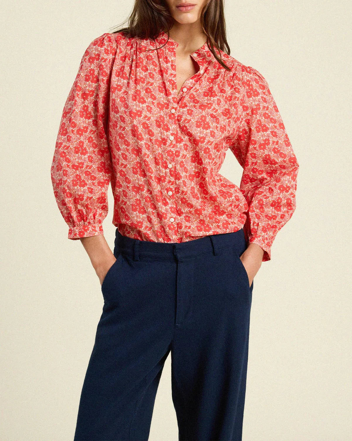 Trw1416 Trovata Red Daisy Long Sleeve Blouse