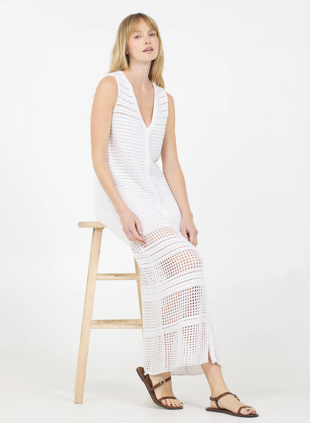 Ogd811 White Crochet Midi Dress