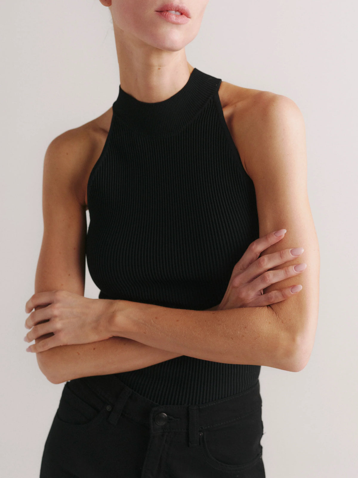 Dl90074 Black Ribbed Mock Neck Top