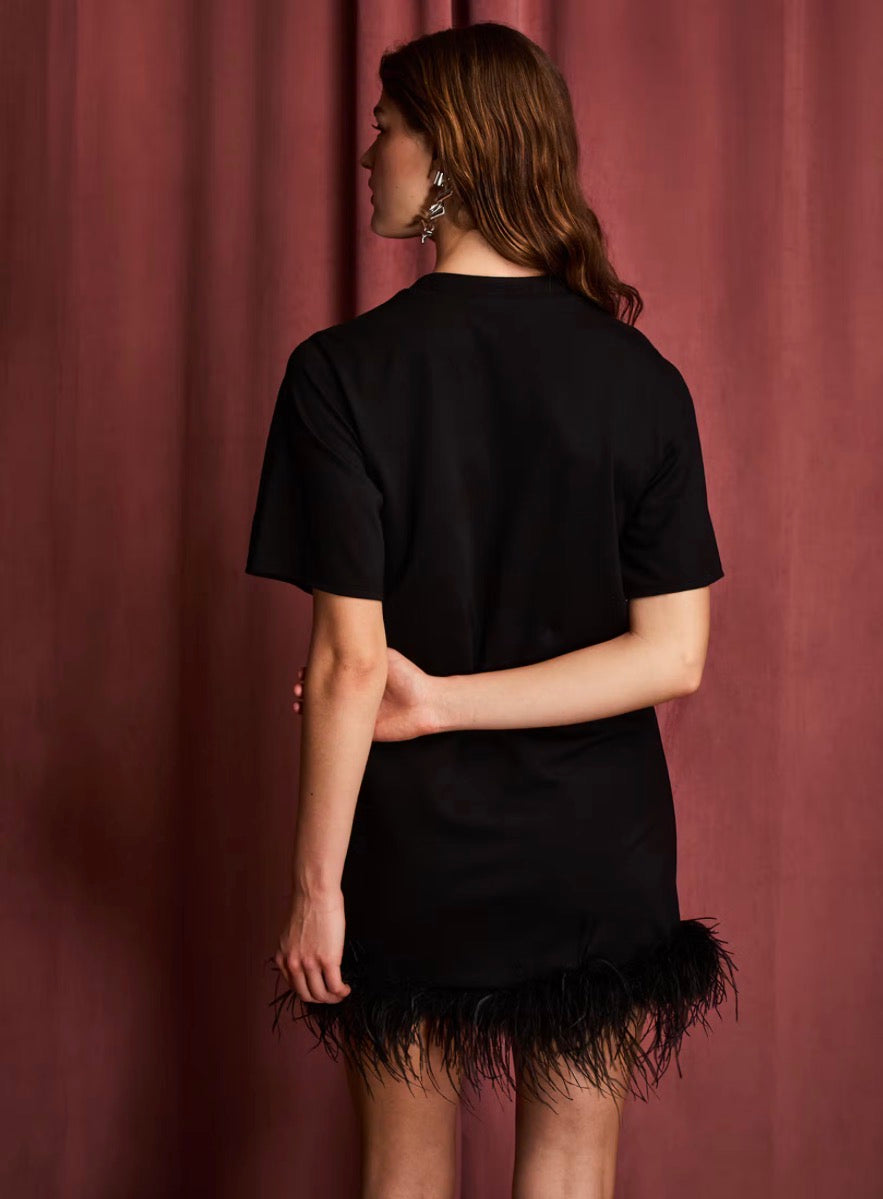Sa1406 Feather Trim Tshirt Dress