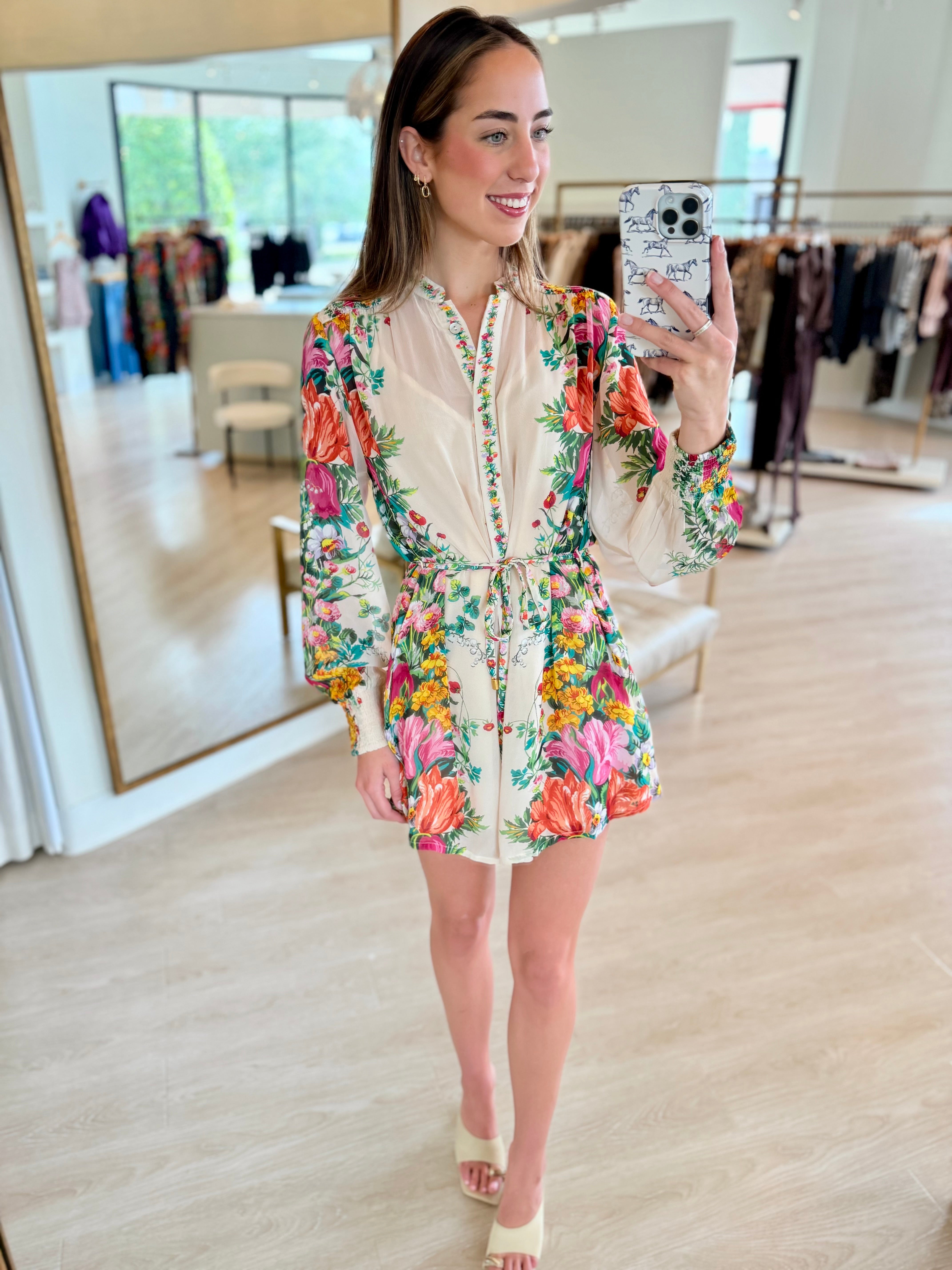 El1101 Ivory Floral Belted Dress