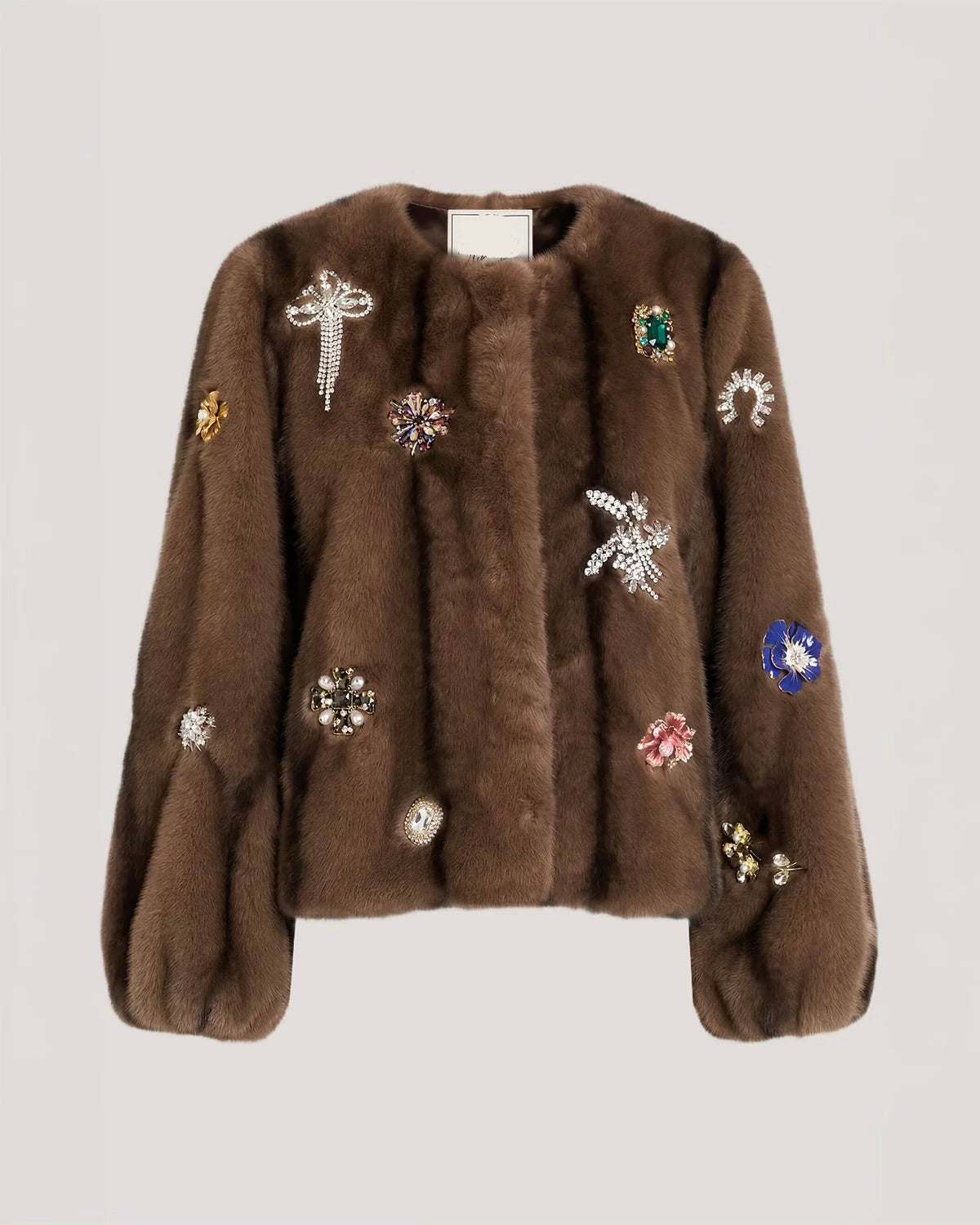 Ci113e8 Jewel Cluster Faux Mink Jacket