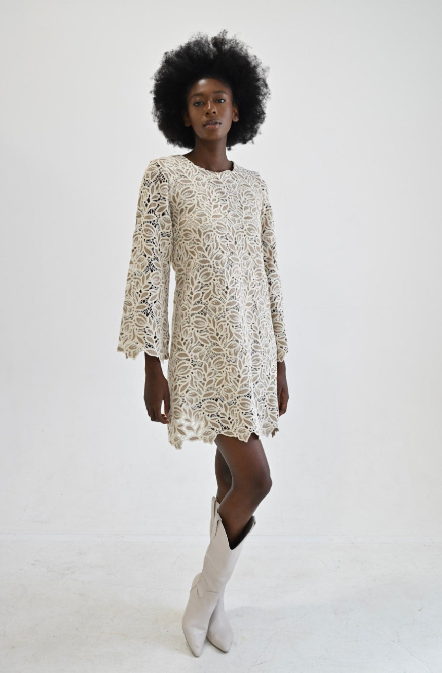 white lace shift dress Ne210 Never A Wallflower – August Baton Rouge Luxury Leather Dress stretch fabric Model waist Size:Large 16.5