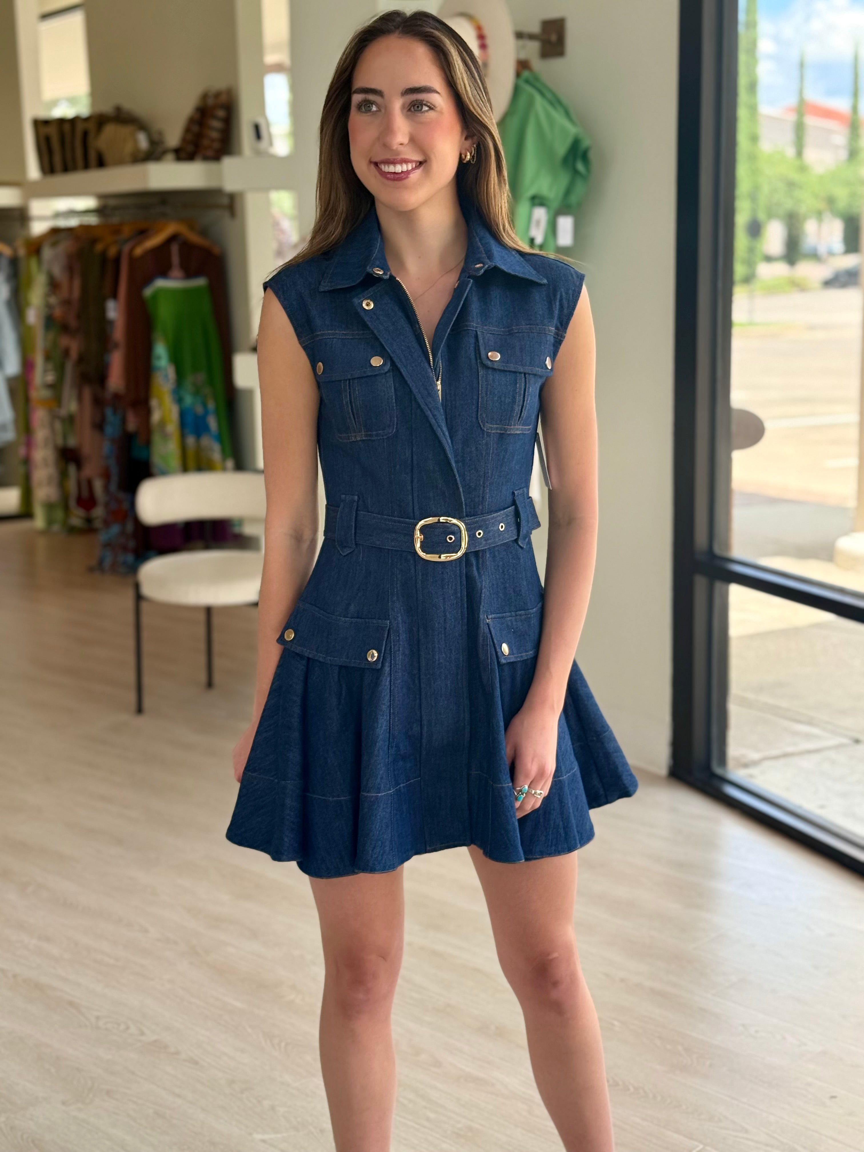 Ka30007 Denim Belted Mini Dress