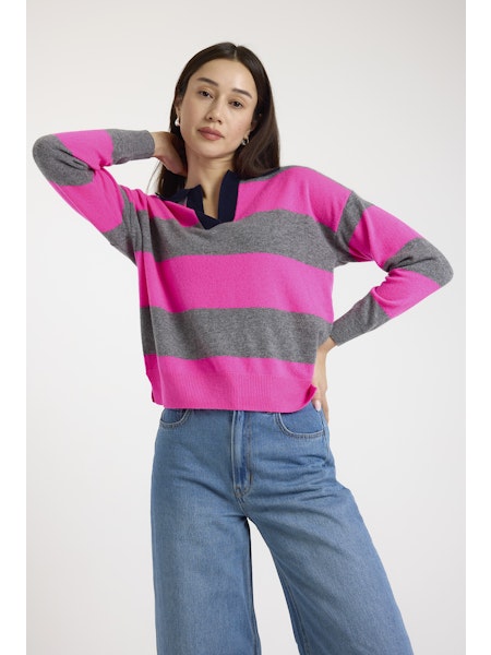 Br079 Pink Stripe Rugby Polo Sweater