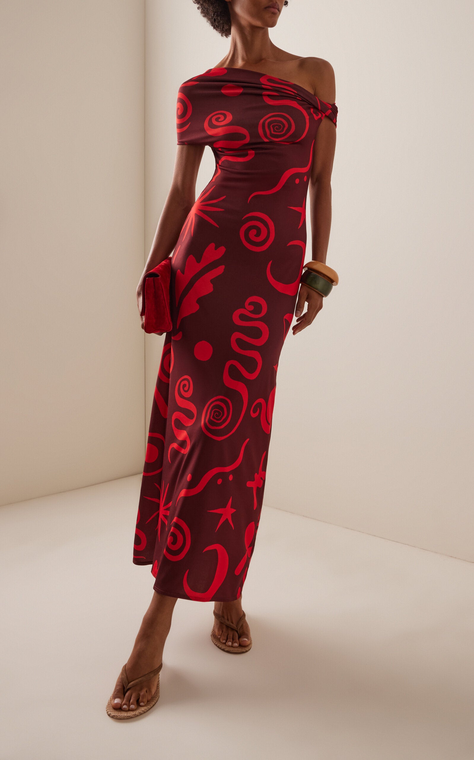 Cae584 Red Off Shoulder Jersey Maxi Dress