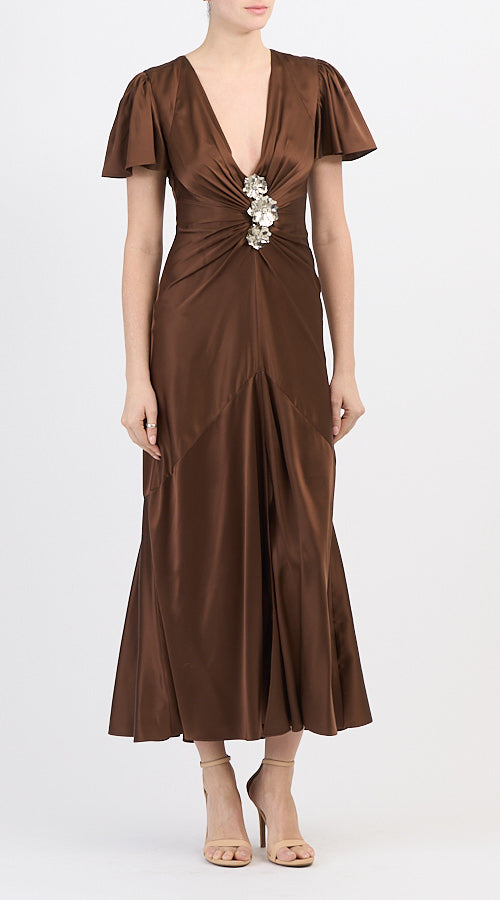Cizd3234 Brown Silk Midi Dress
