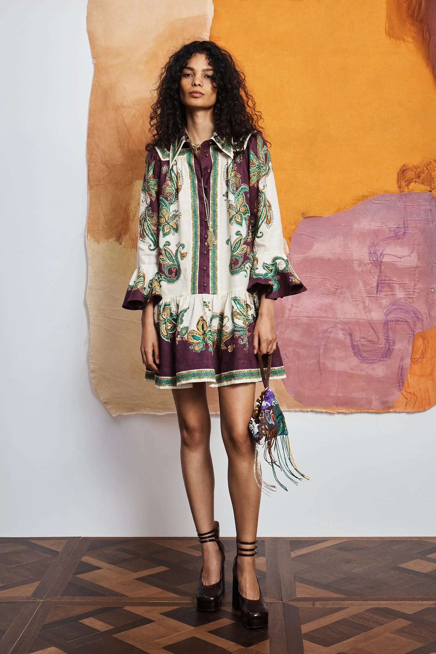 Al7653 Paisley Linen Ruffle Dress