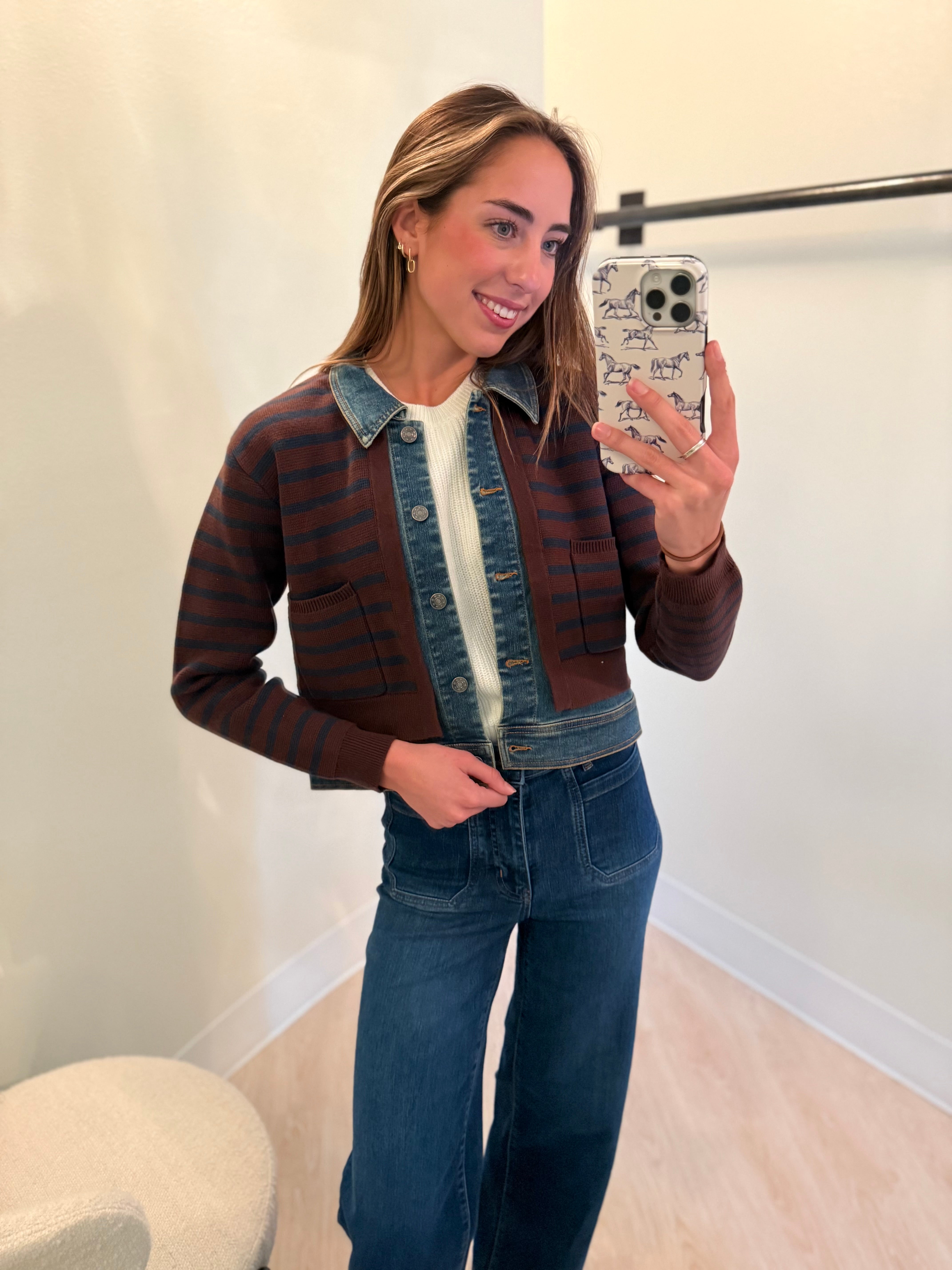Js22045 Stripe Denim Trim Jacket - Chocolate