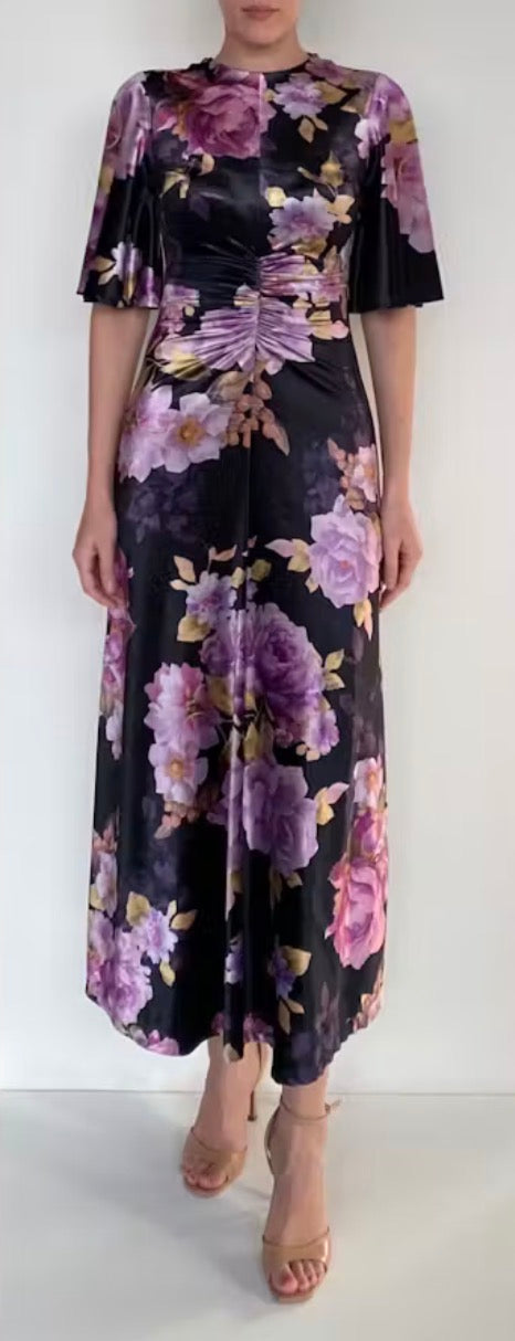 He6227 Floral Velvet Ruched Dress