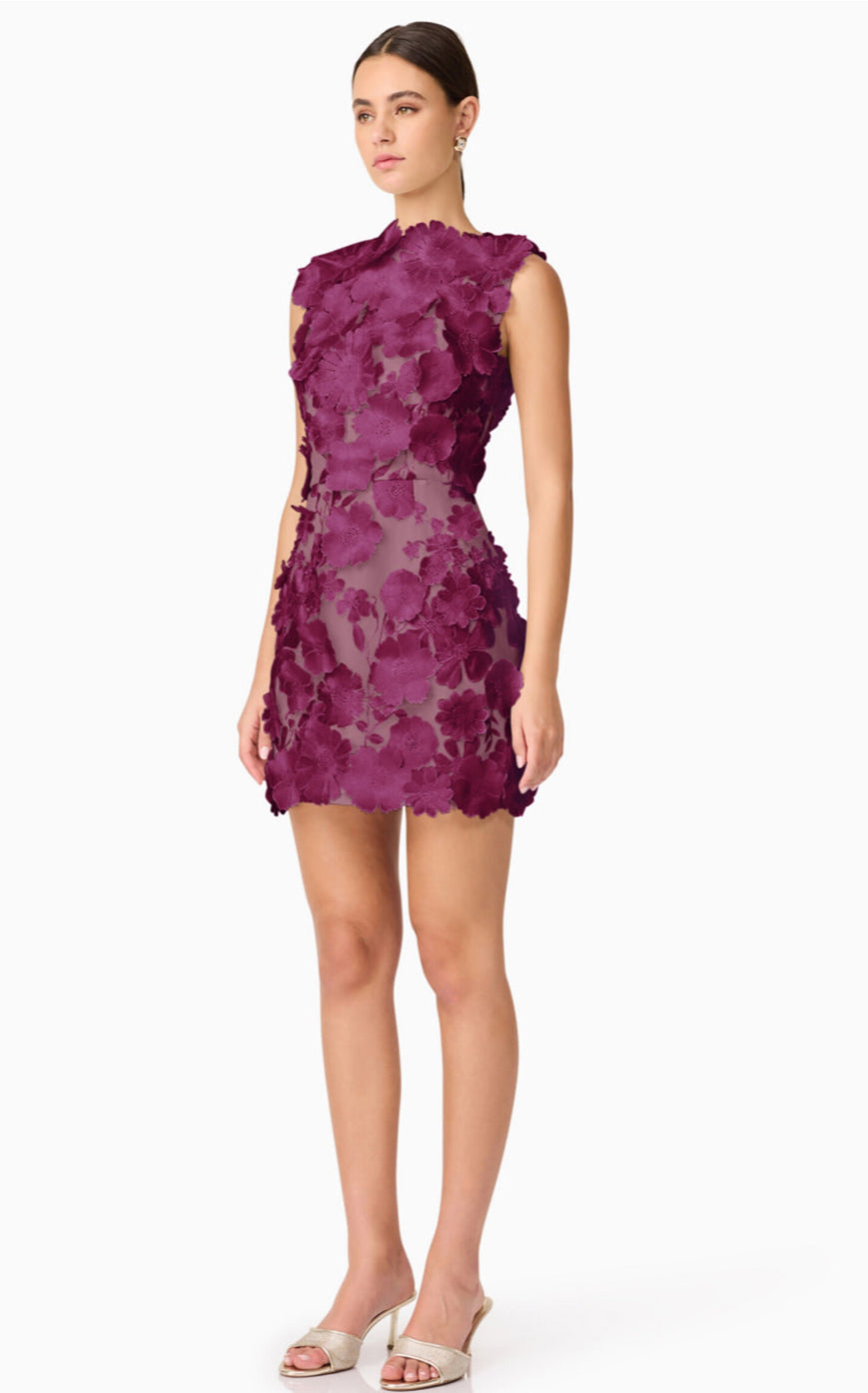 El12406 Berry Floral Appliqué Dress