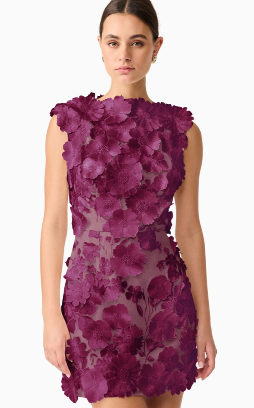 El12406 Berry Floral Appliqué Dress
