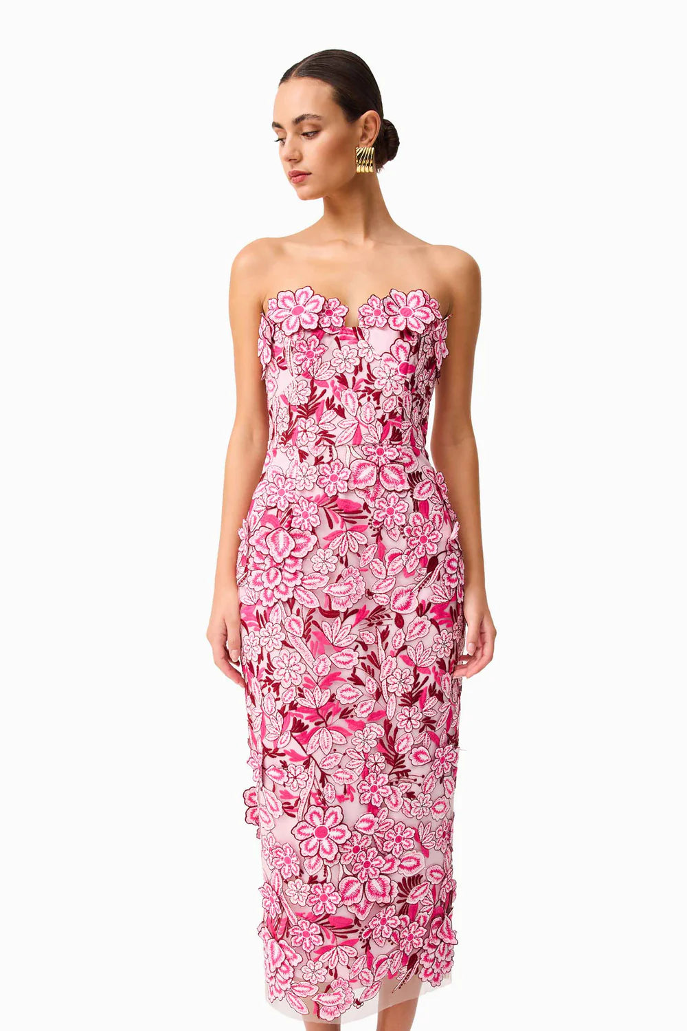 El42507 Rosette Strapless Midi Dress